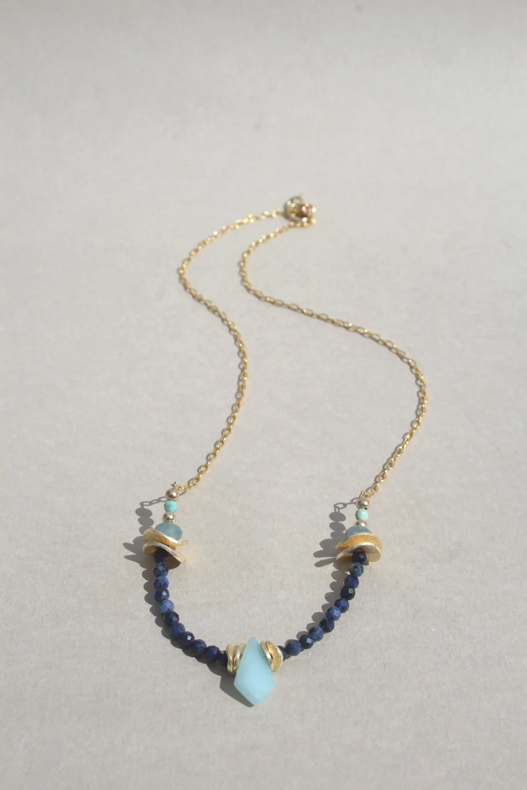 14ct gold filled necklace with Peruvian turquoise, aquamarine, sodalite and kite amazonite drop.