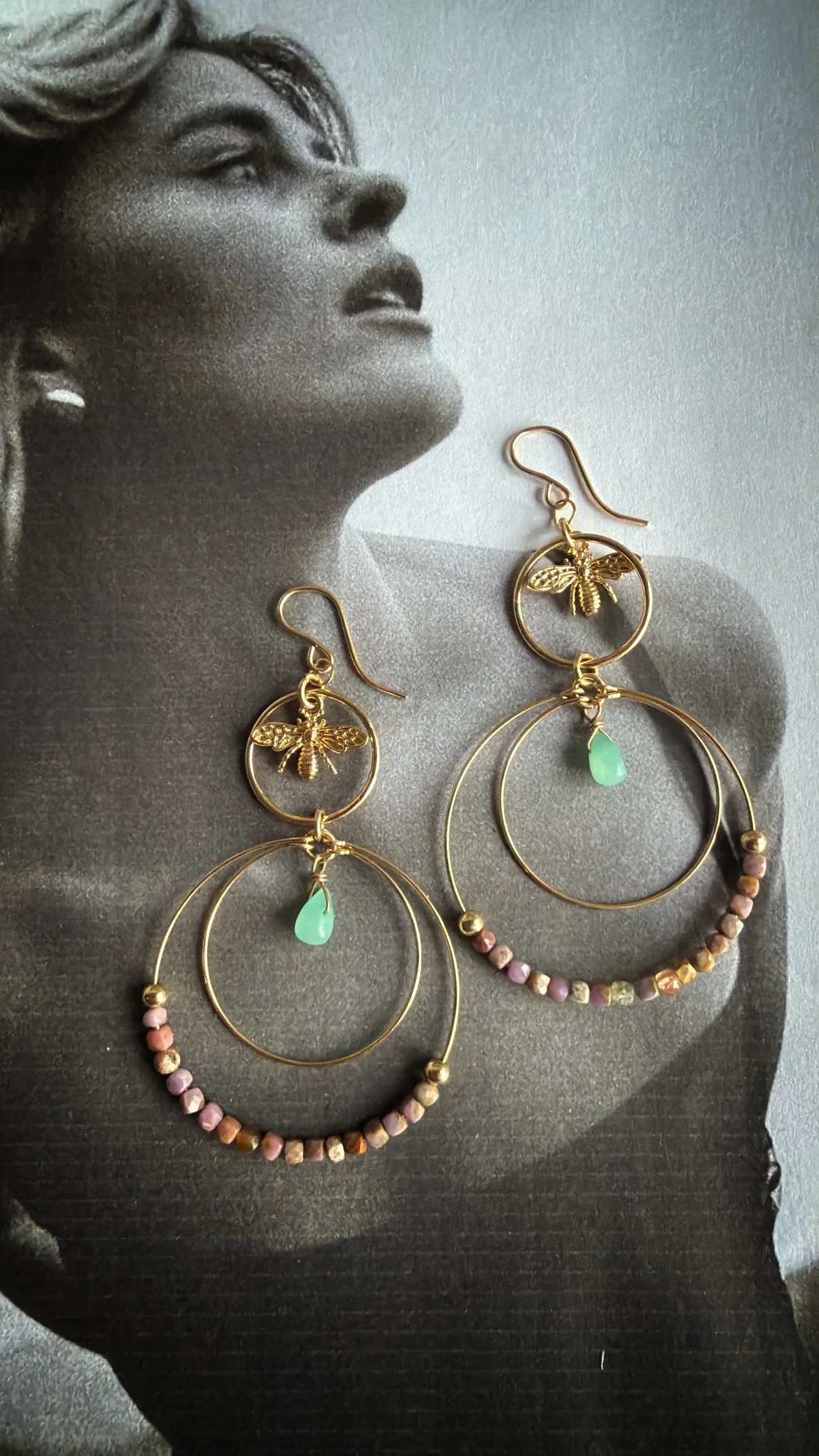 14ct gold filled earrings gold filled links bee charm, hemimorphite, and phosphosiderite and gold filled bead hoops.
