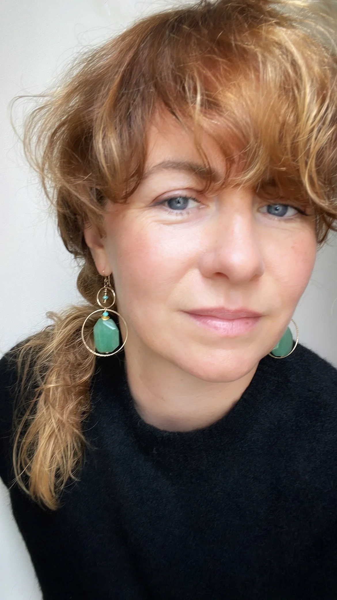 14ct gold filled earrings with hematite, turquoise, hammered gold filled link and faceted focal green aventurine nugget.