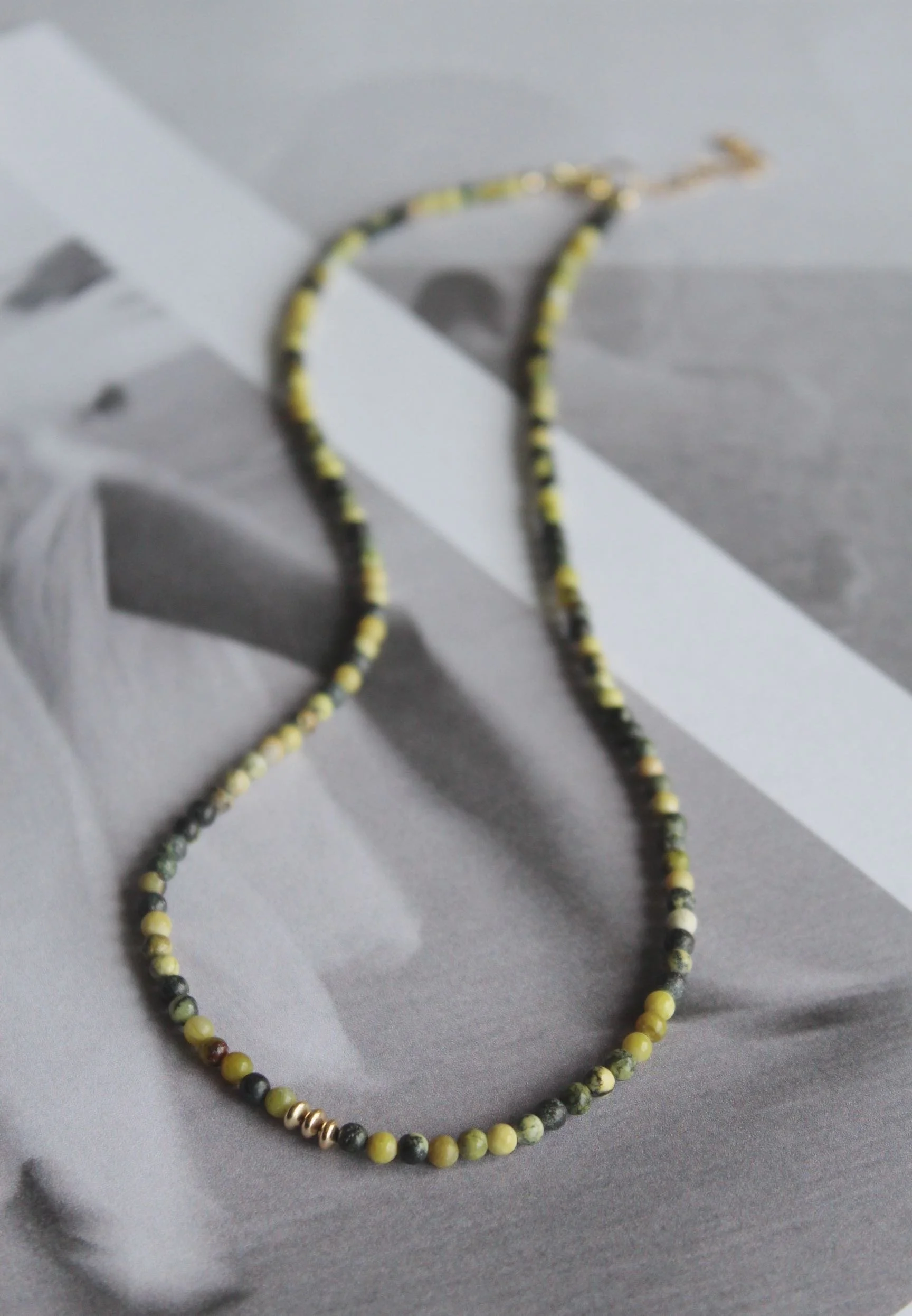 14ct gold filled necklace with gold filled lentil beads and yellow turquoise rounds.