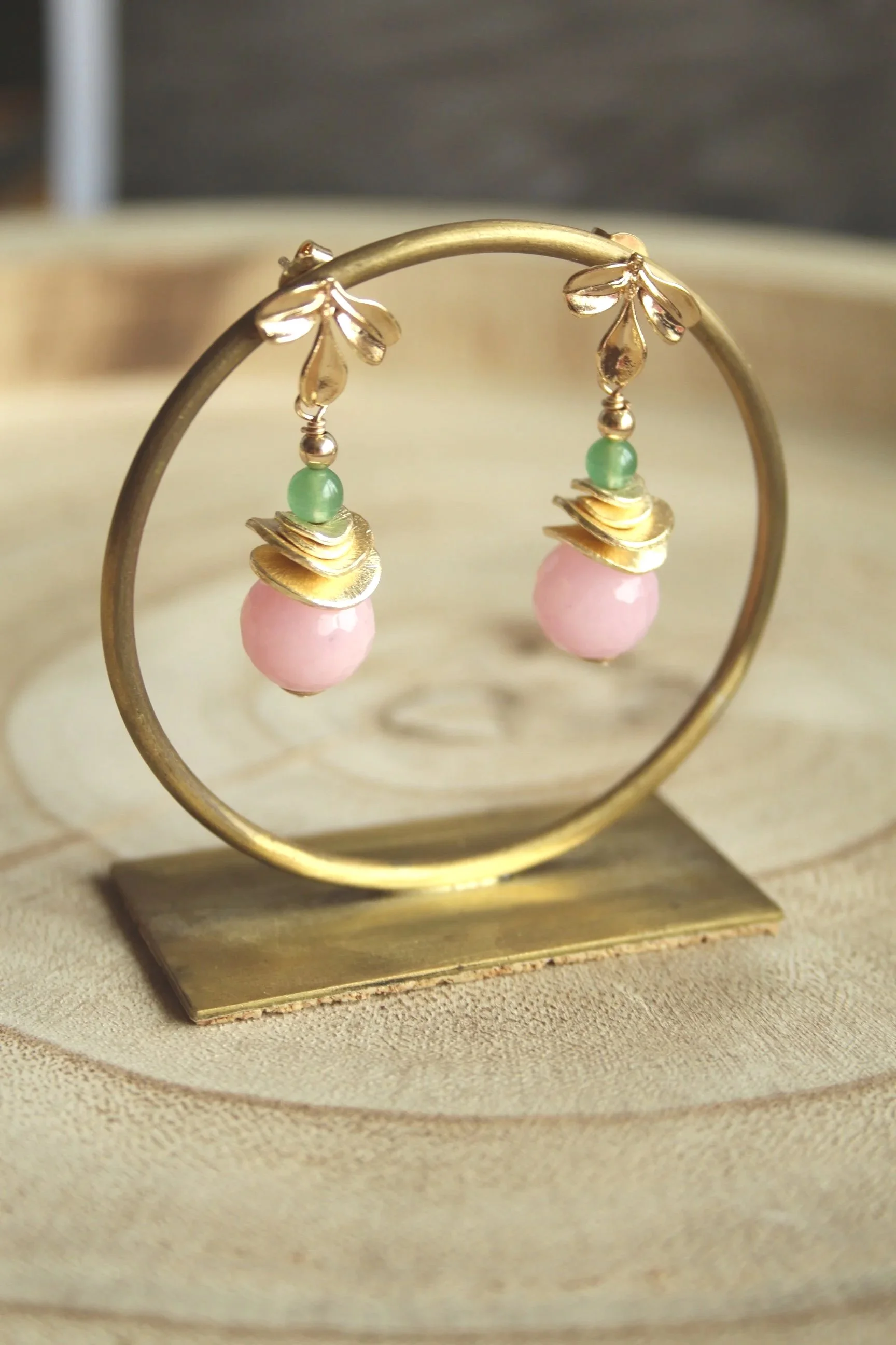 14ct gold filled leaf stud with baby pink jade, gold discs, green aventurine and gold filled bead.