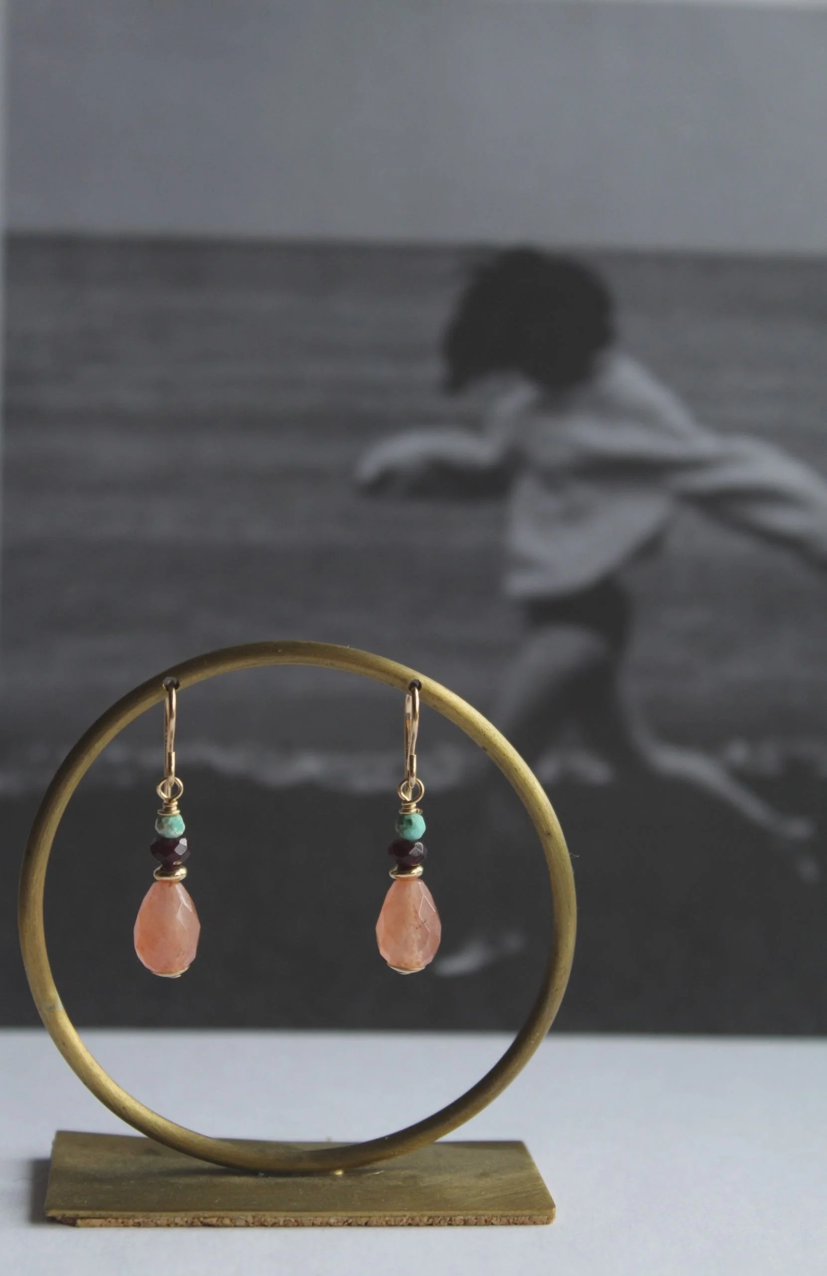 14ct gold filled sweet drop earring with peruvian turquoise, plum jade, gold filled bead and faceted peach jade teardrop.