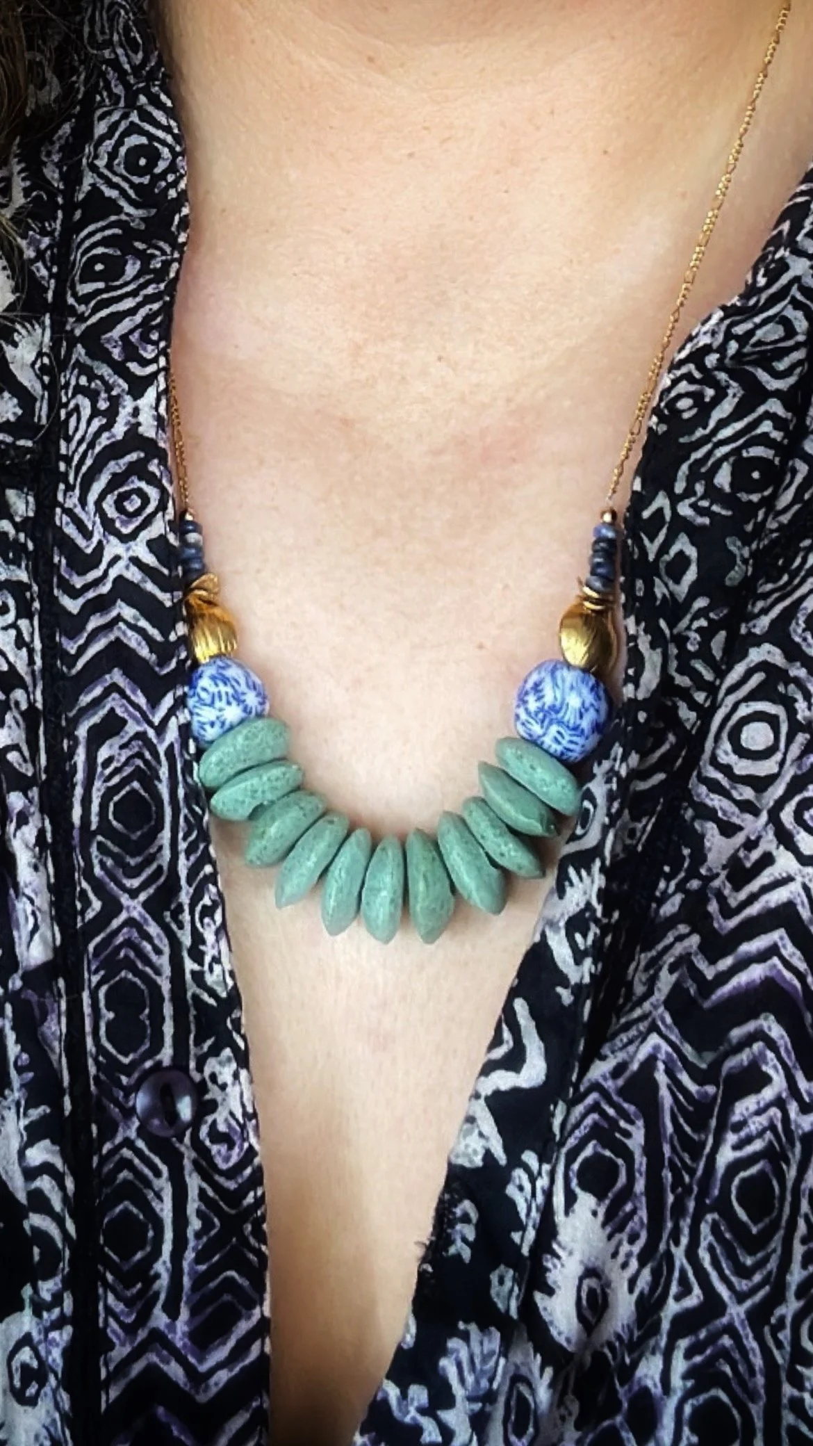 14ct gold filled necklace with sodalite, ghana krobo beads and stone green ashanti glass saucer beads.