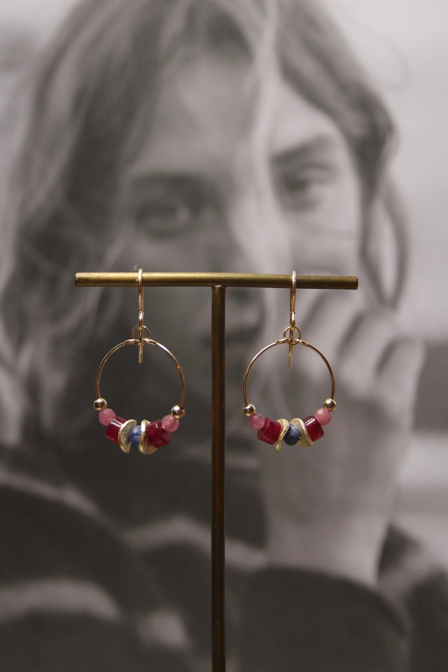 14ct gold filled mini hoop style with plum jade, tourmaline and sodalite.