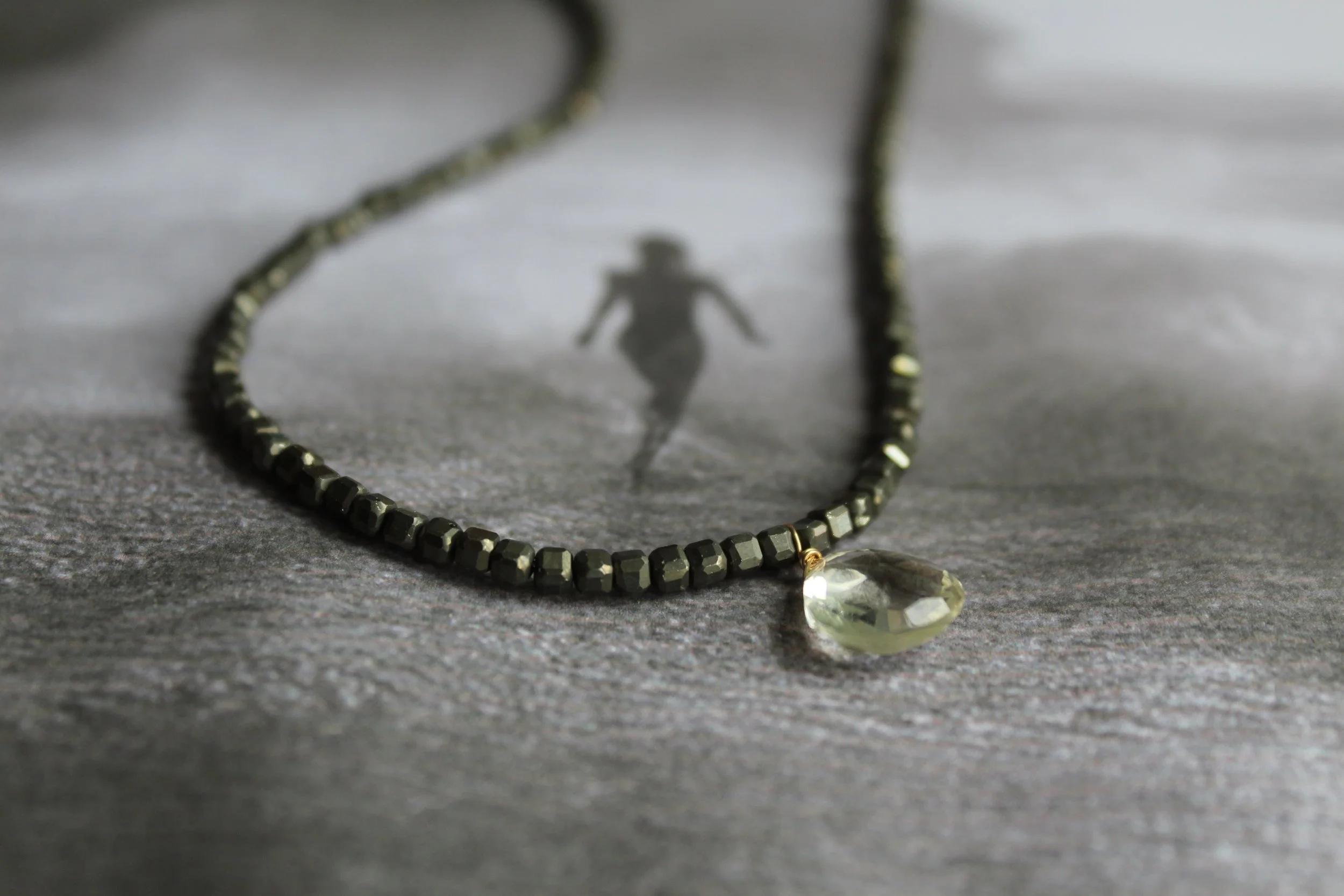 14ct gold filled spring clasp necklace with pyrite and lemon quartz drop.
