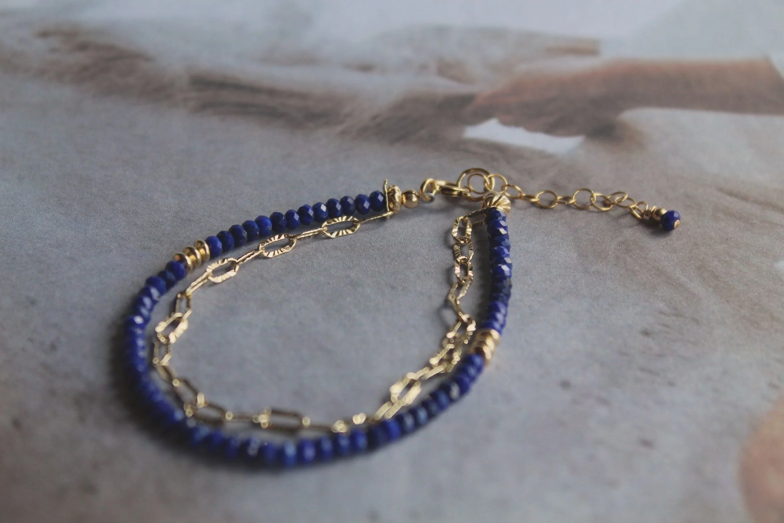 4ct gold filled bracelet with gold filled oval chain and Lapiz Lazuli faceted roundels and gold filled beads.