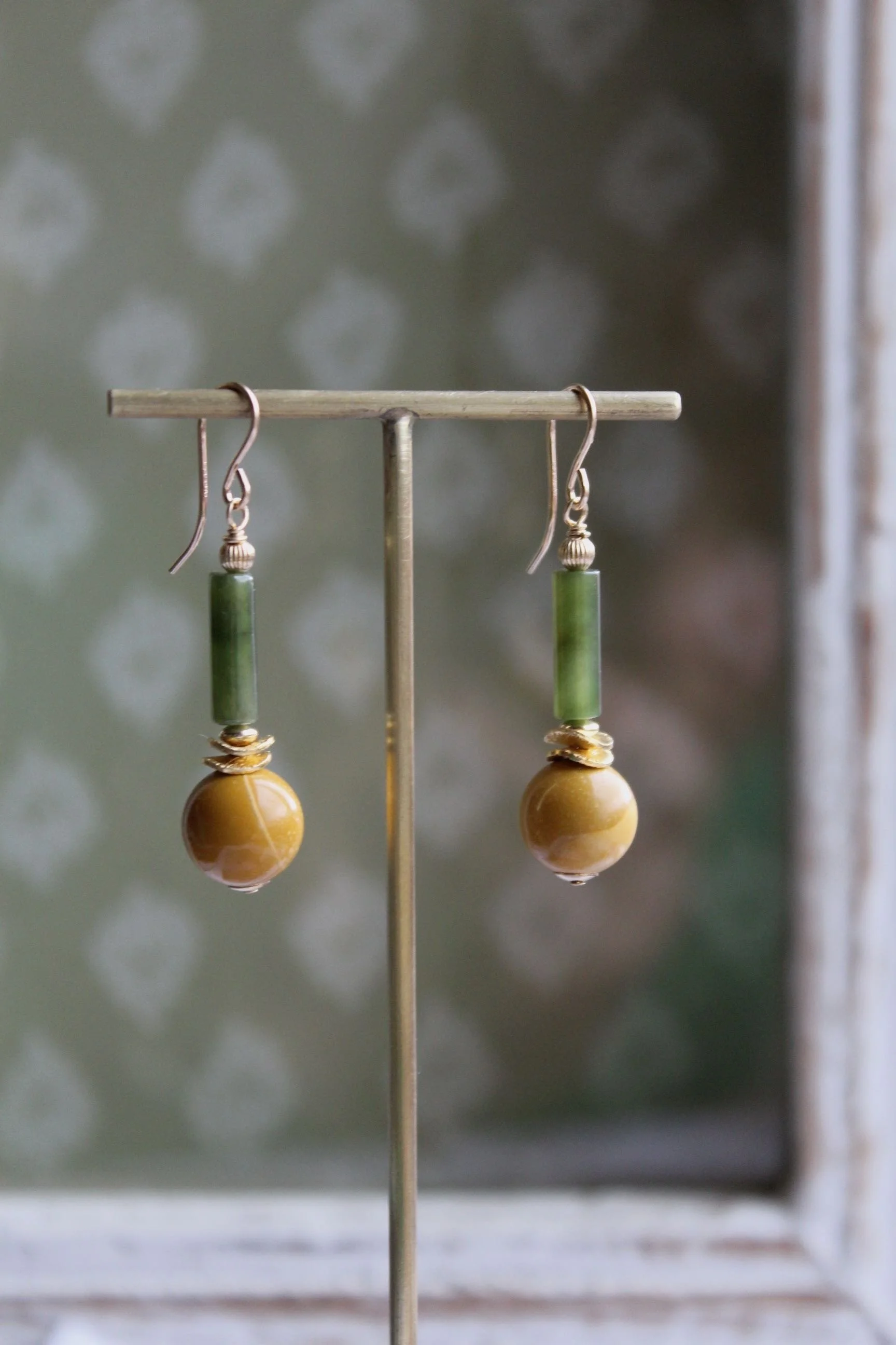 14ct gold filled earrings with Taiwan jade, gold vermeil discs and Yellow Jasper.