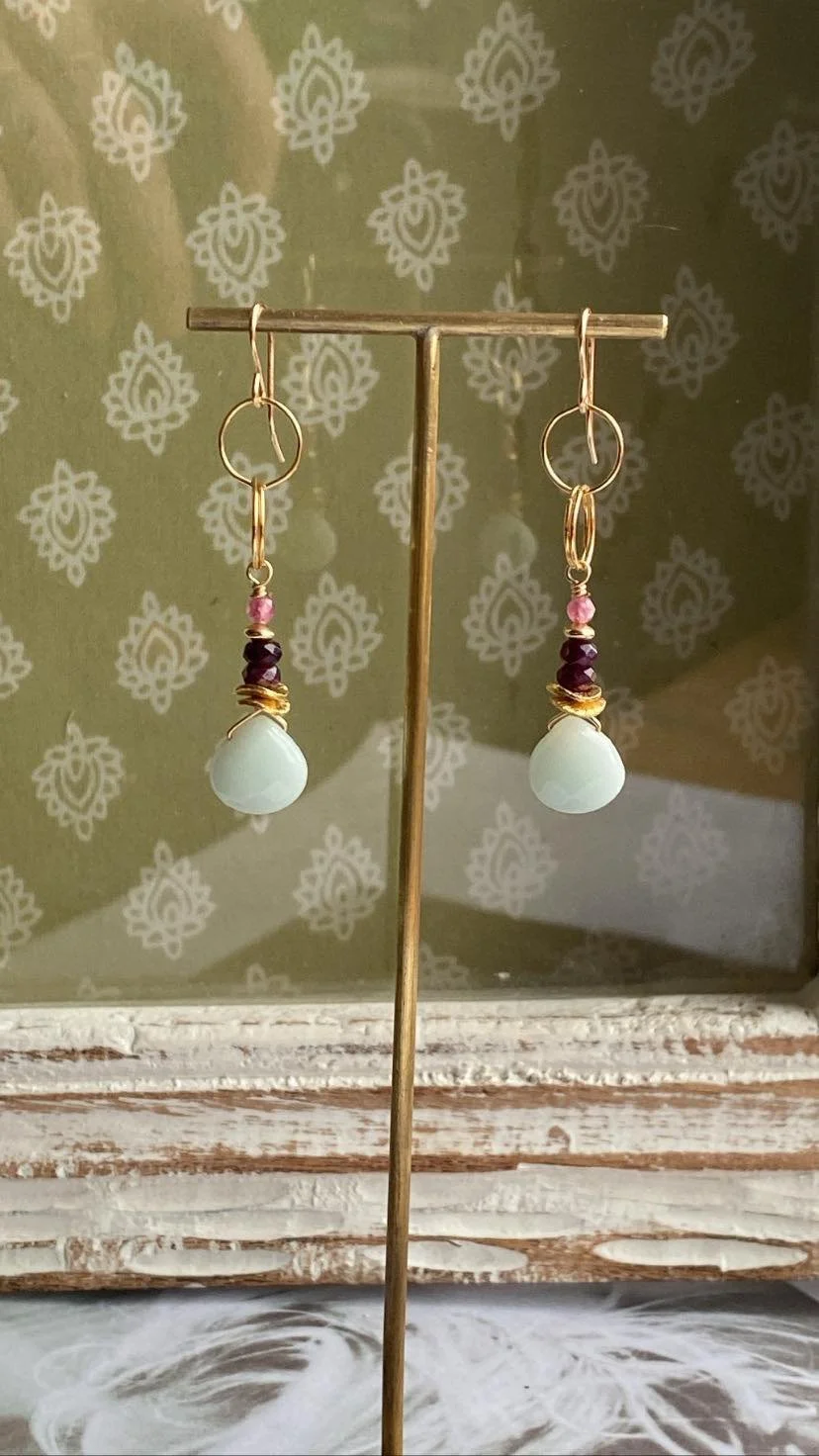 14ct gold filled earrings with amazonite, plum jade and pink tourmaline.