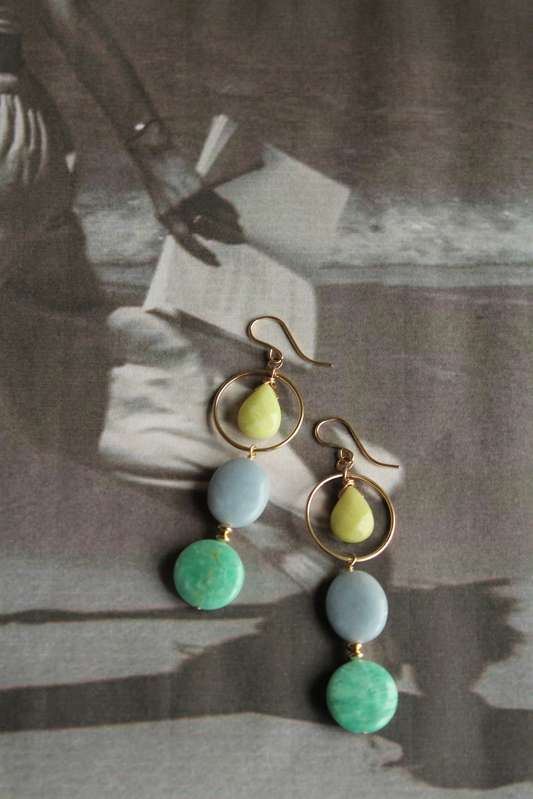 14ct gold filled earrings with lemon jade, angelite and brazilian amazonite.