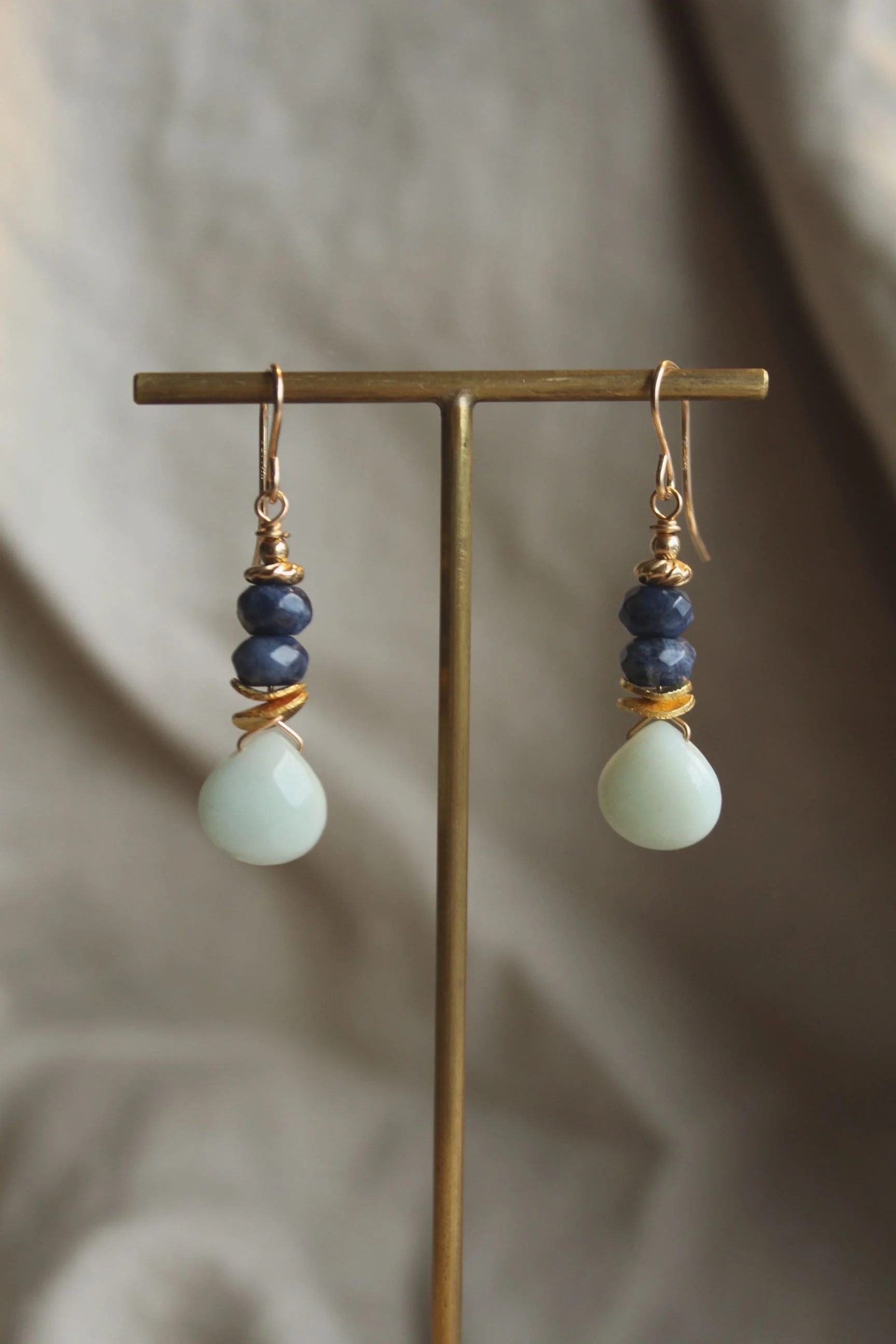 14ct gold filled earrings with Amazonite briolette and sodalite roundels.