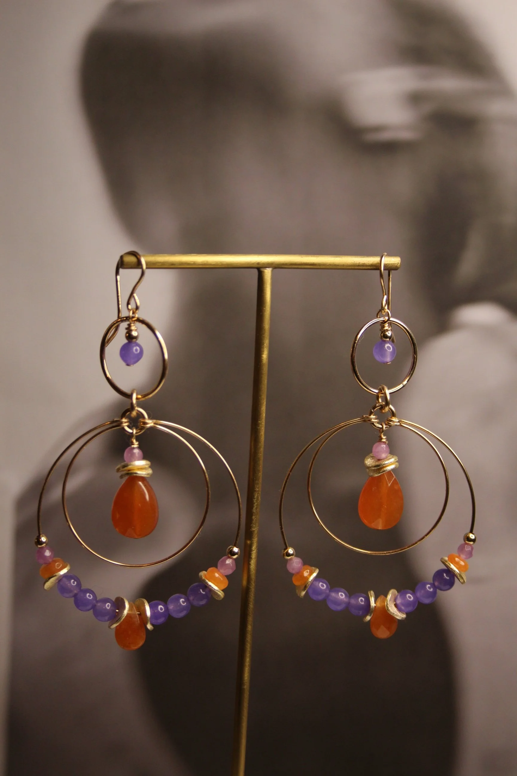 14ct gold filled statement earrings with gold filled links, orchid jade, orange agate and red aventurine .