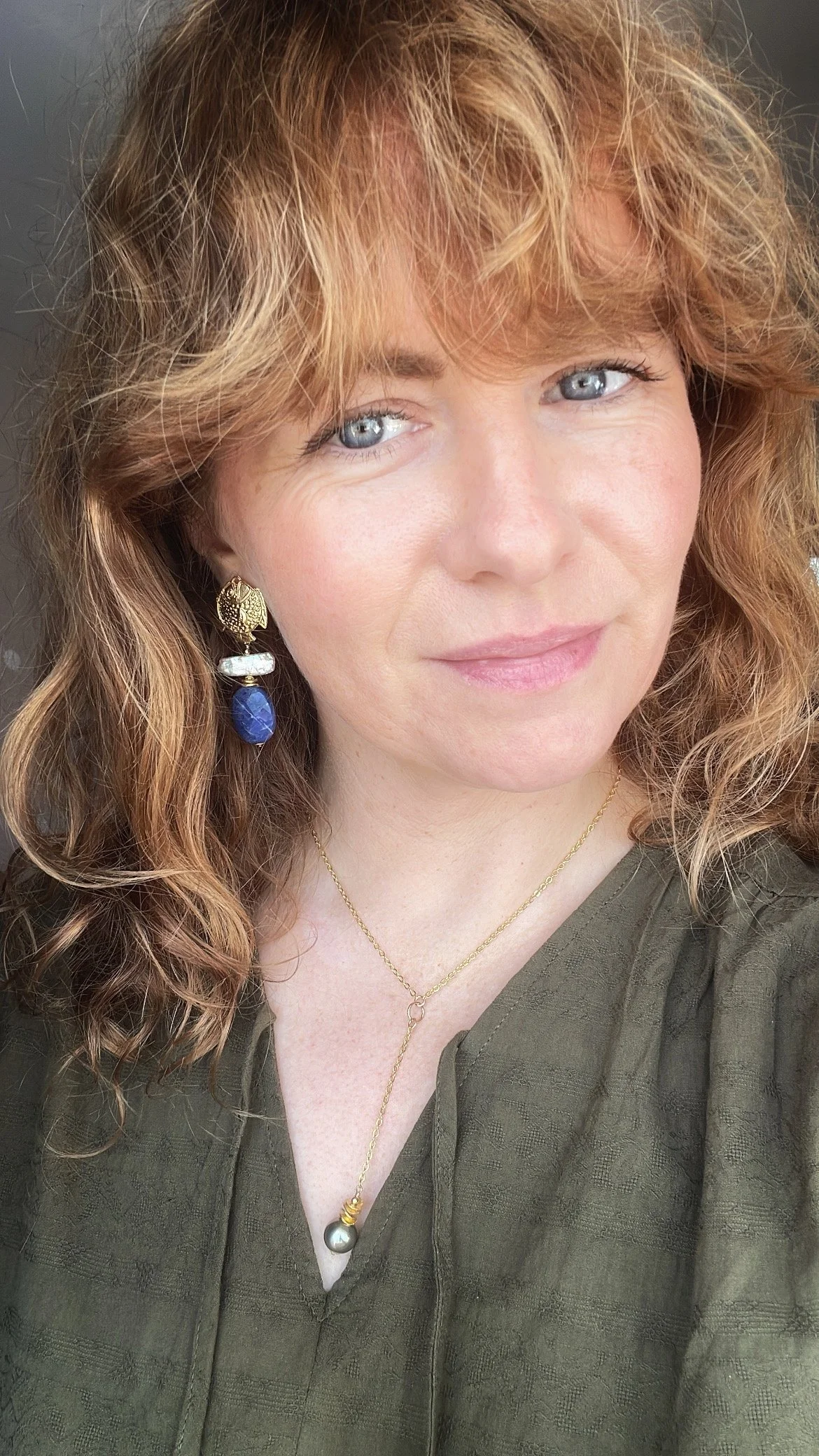 Online Exclusive* Gold Vermeil ornate fish stud with fresh water pearl and sodalite drop.