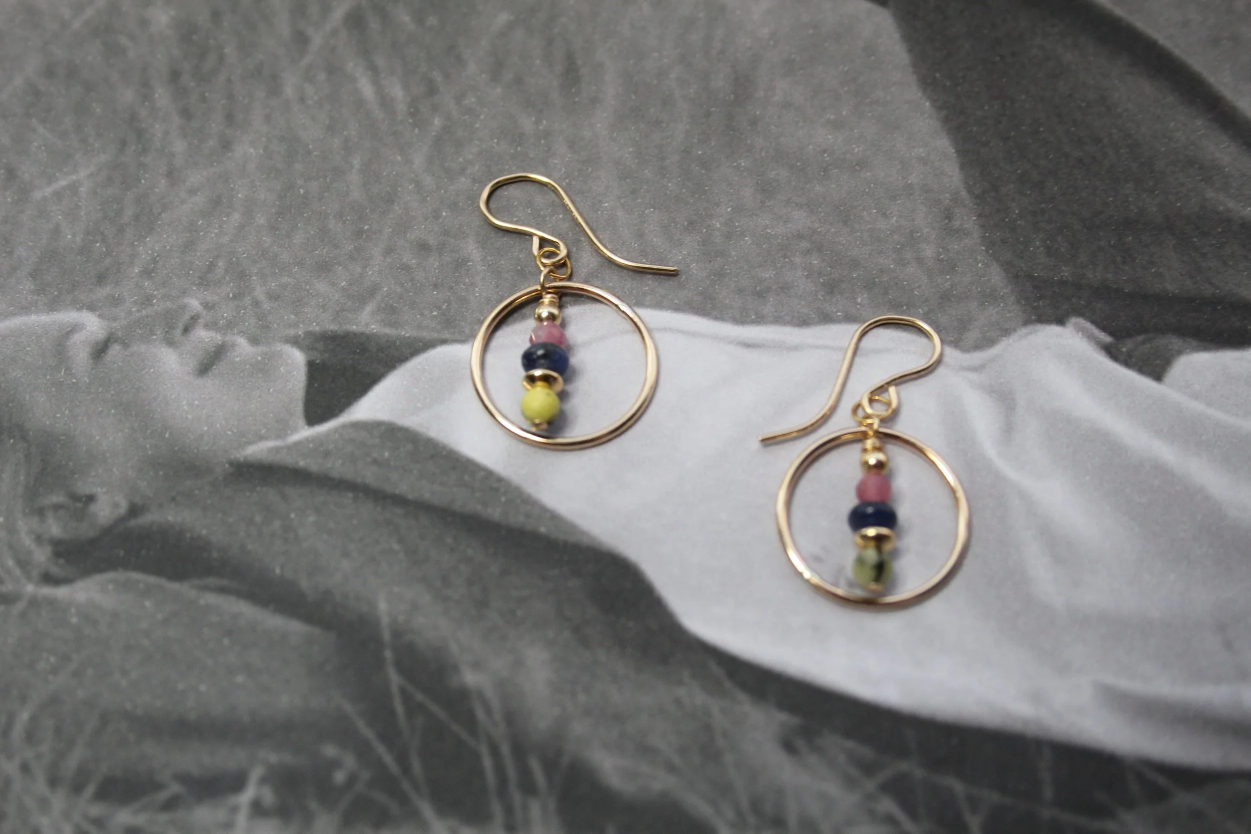 14ct gold filled mini hoop with pink tourmaline, sodalite, gold filled bead and sodalite.