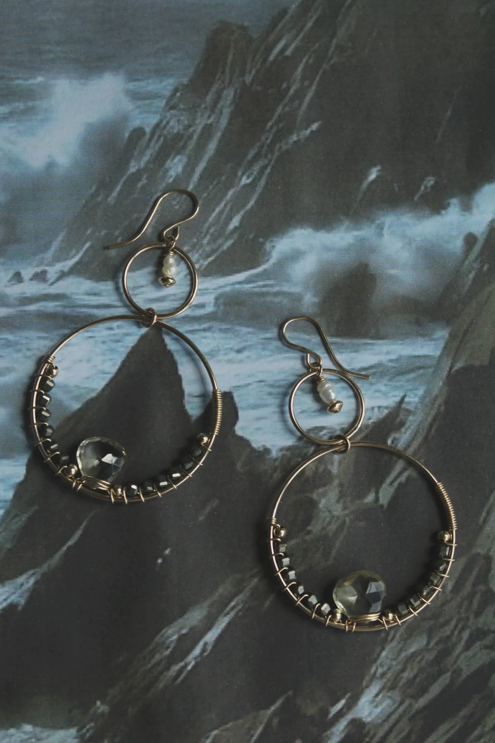 14ct gold filled wire wrapped earrings with pyrite, lemon quartz, gold filled beads and fresh water pearl detail.