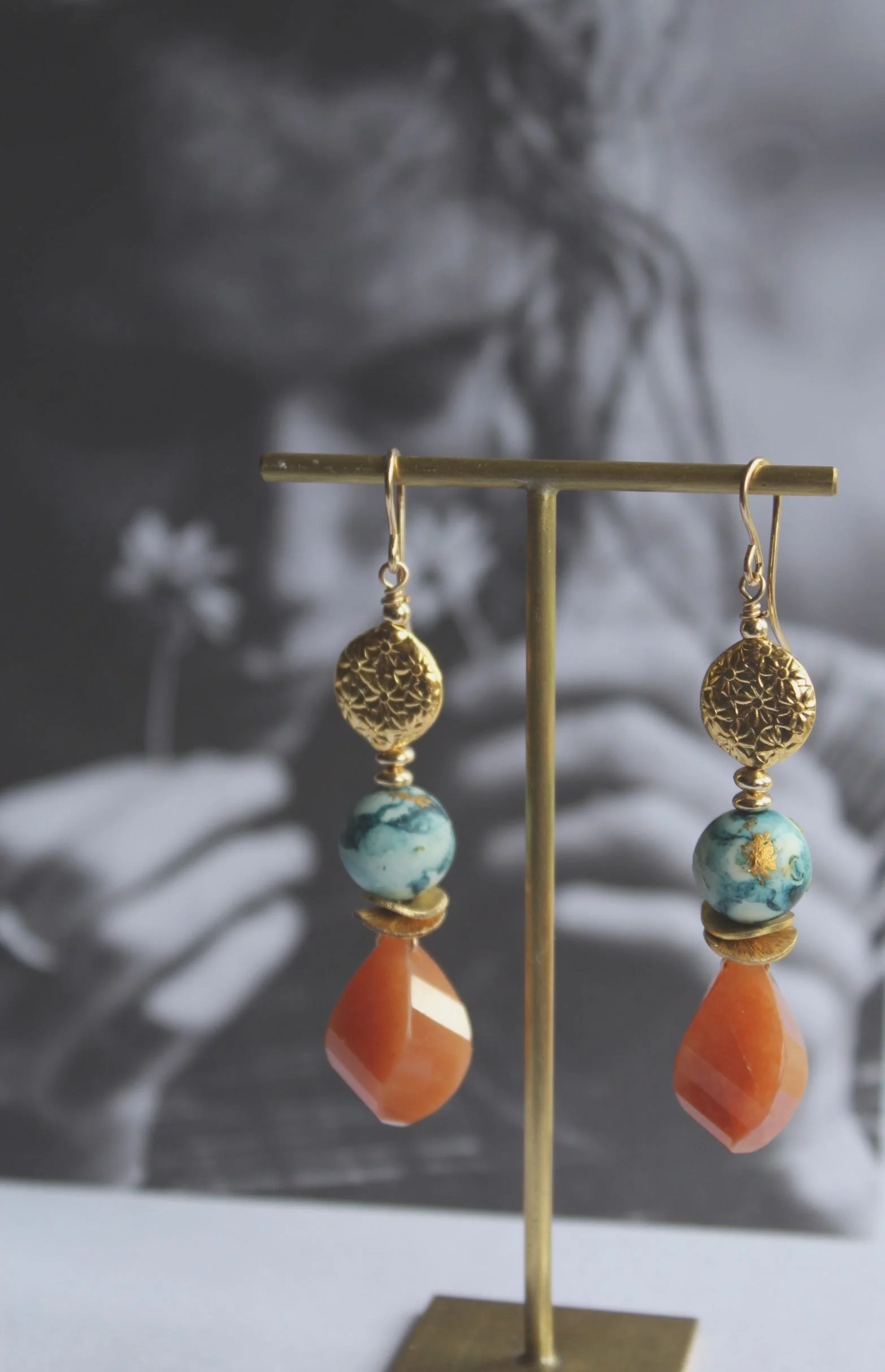 14ct gold filled earrings with focal gold vermeil floral bead, vintage lucite bead, swirl red aventurine.