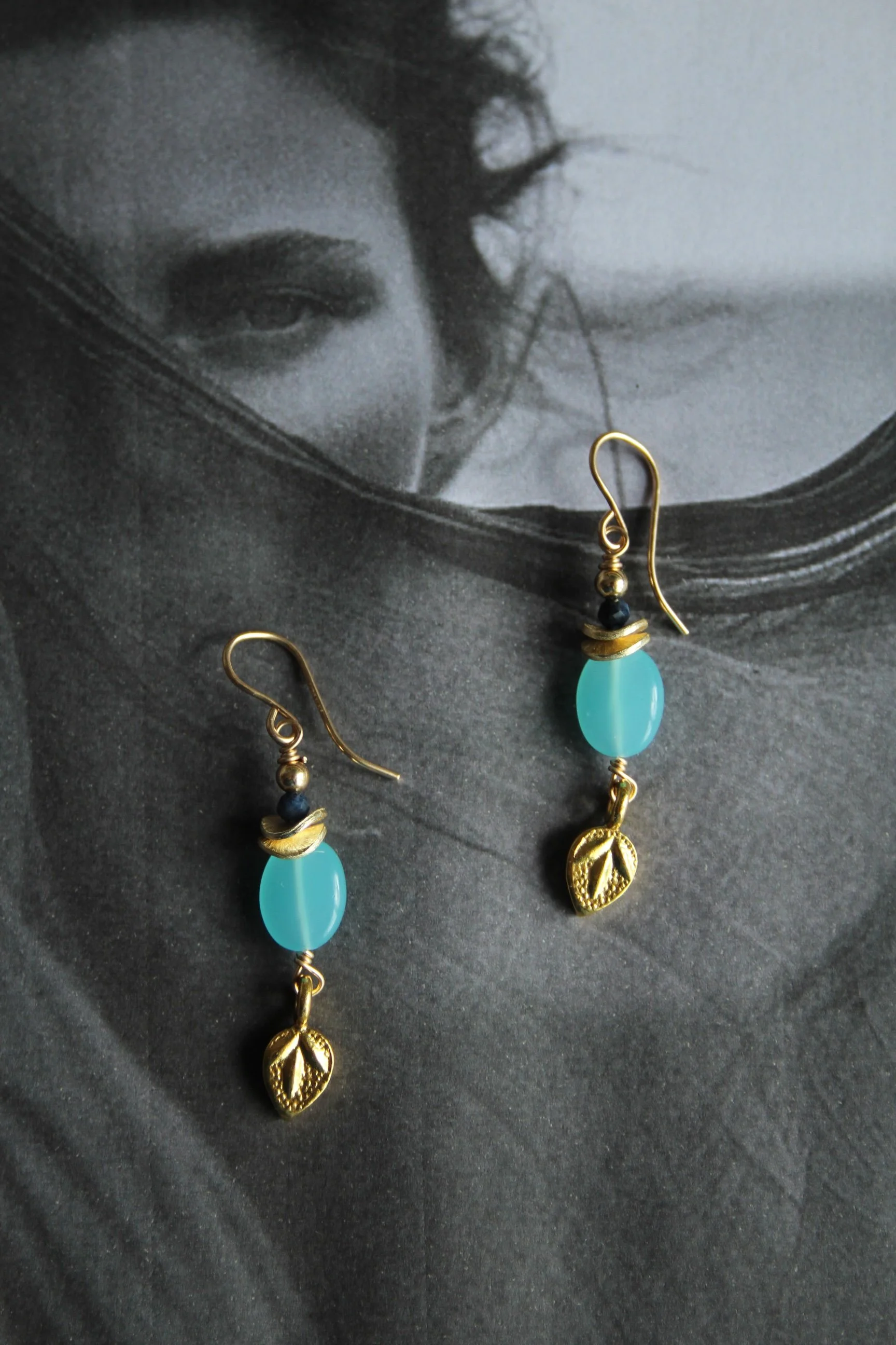 14ct gold filled earrings with sodalite, gold discs, turquoise quartz and gold vermeil leaf charm.