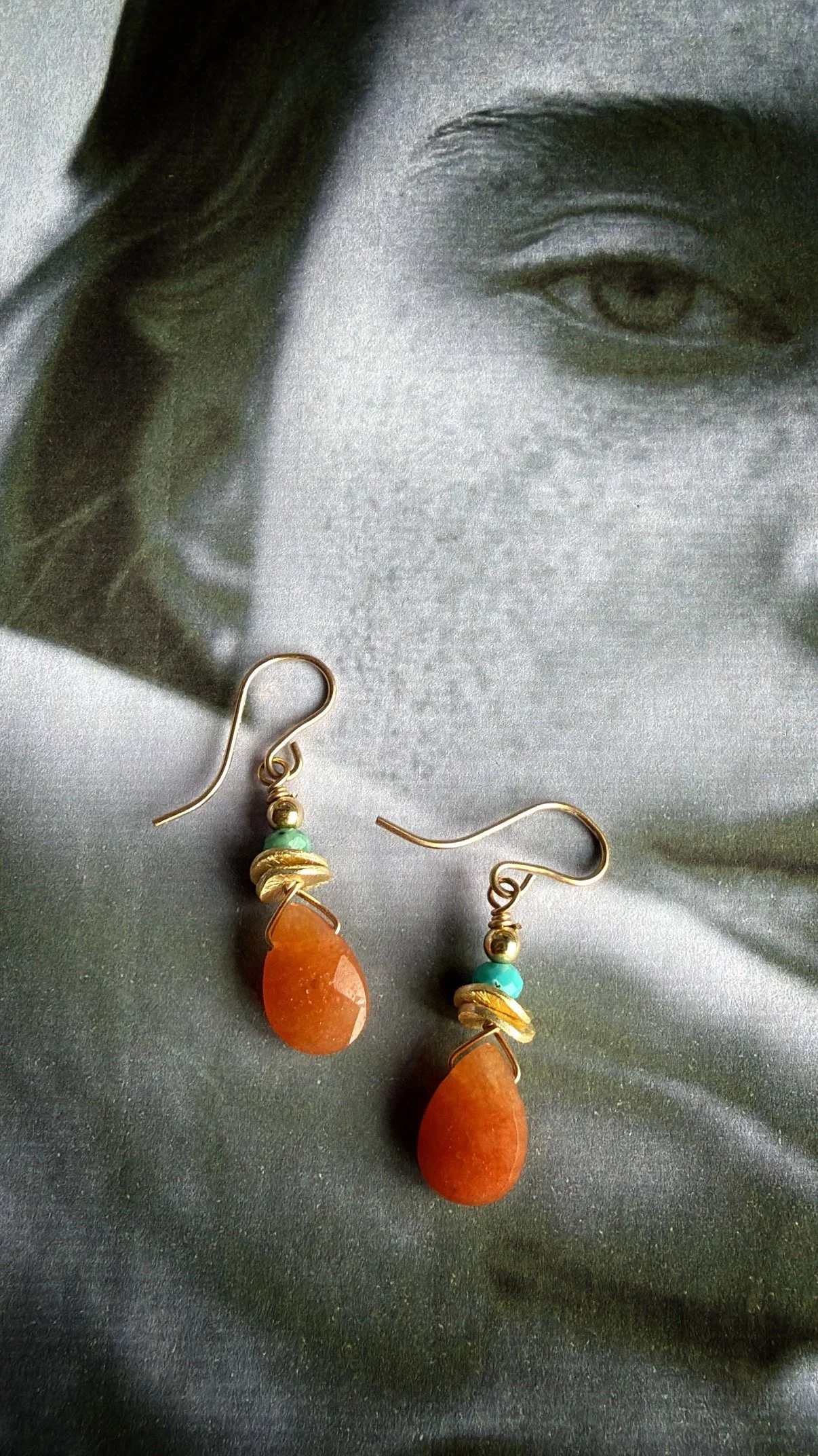 14ct gold filled earrings with red aventurine, gold discs, turquoise and gold filled bead.