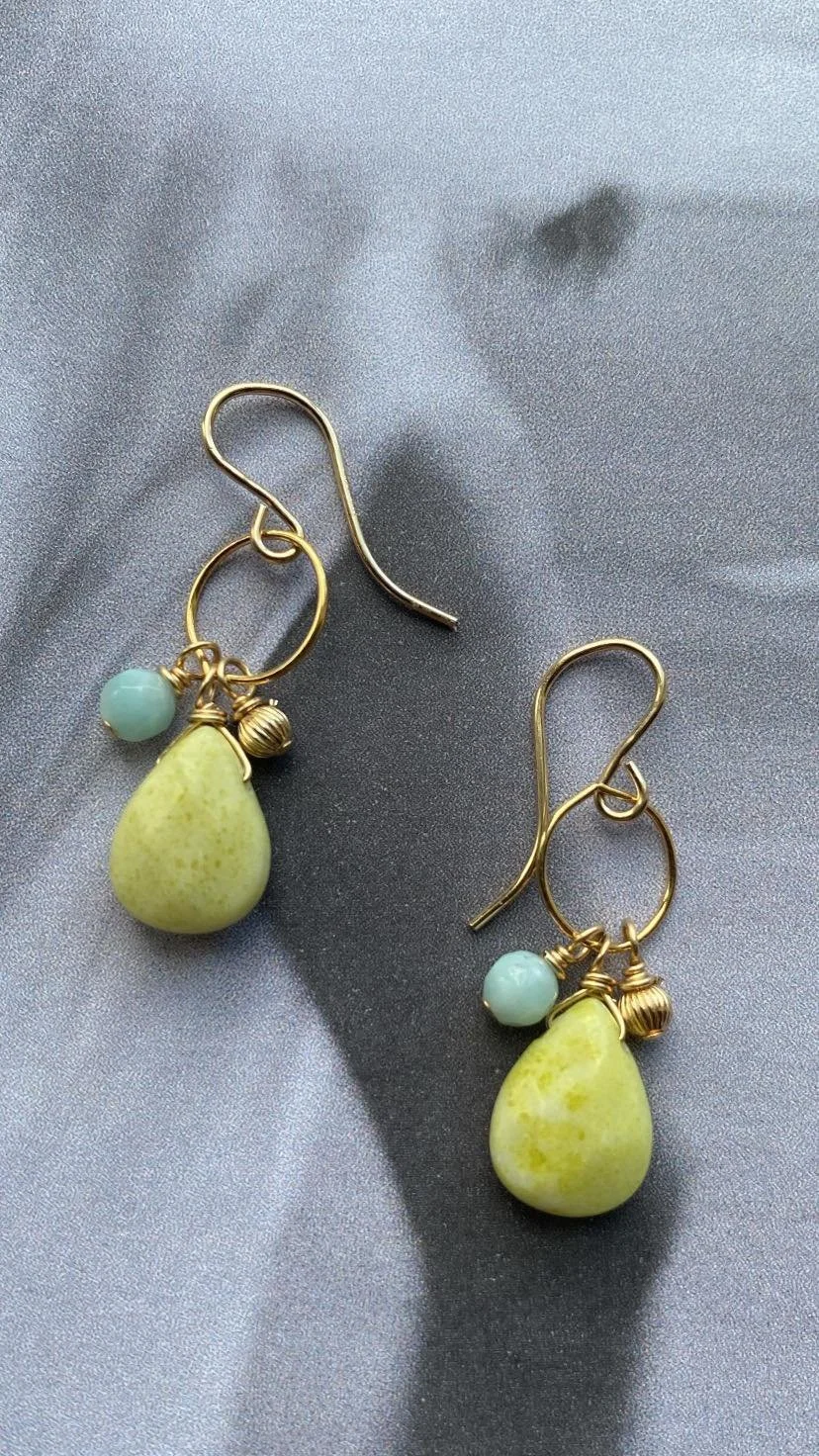 14ct gold filled earrings with lemon jade, amazonite and gold filled bead.