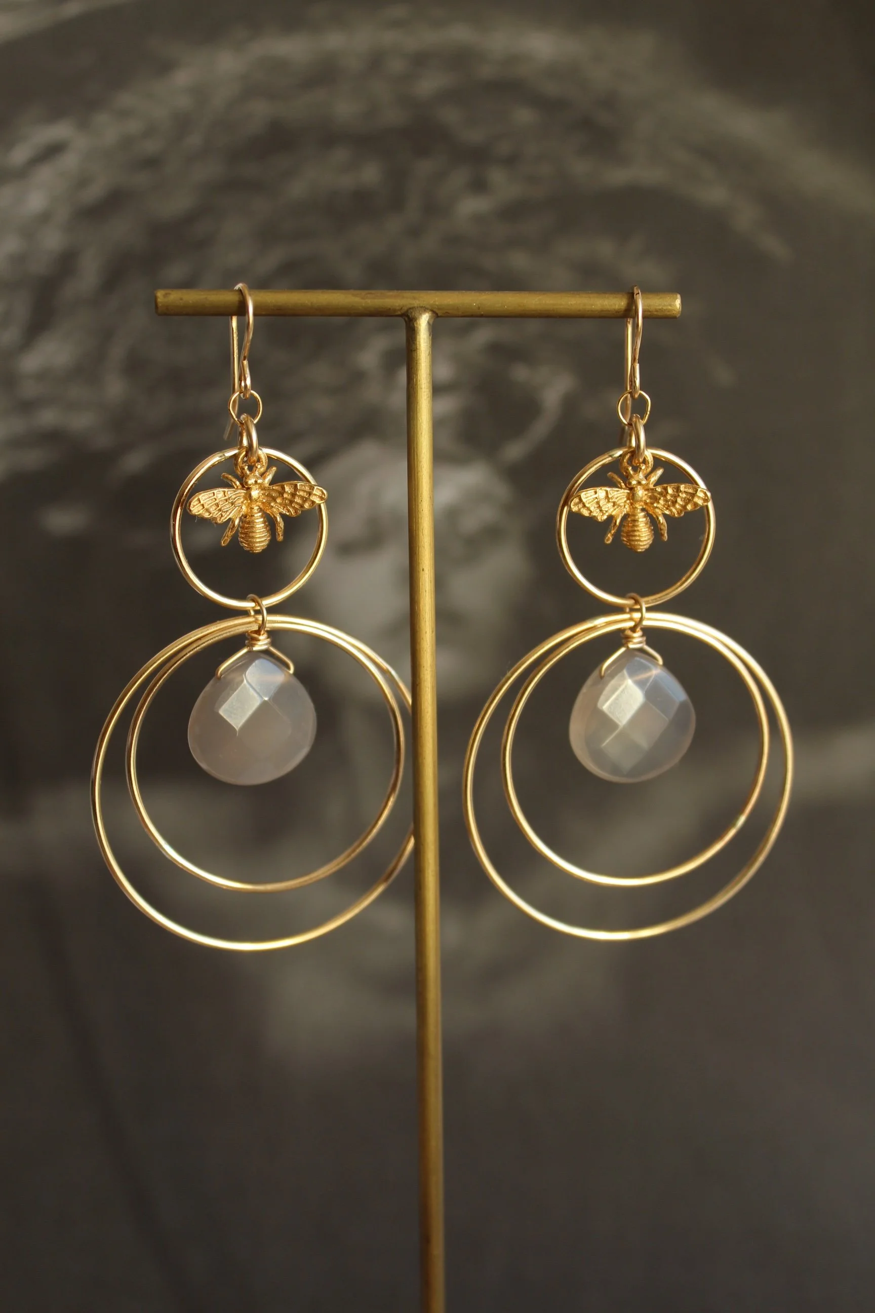 14ct gold filled statement hoops with gold vermeil bee charms and grey onyx drops.