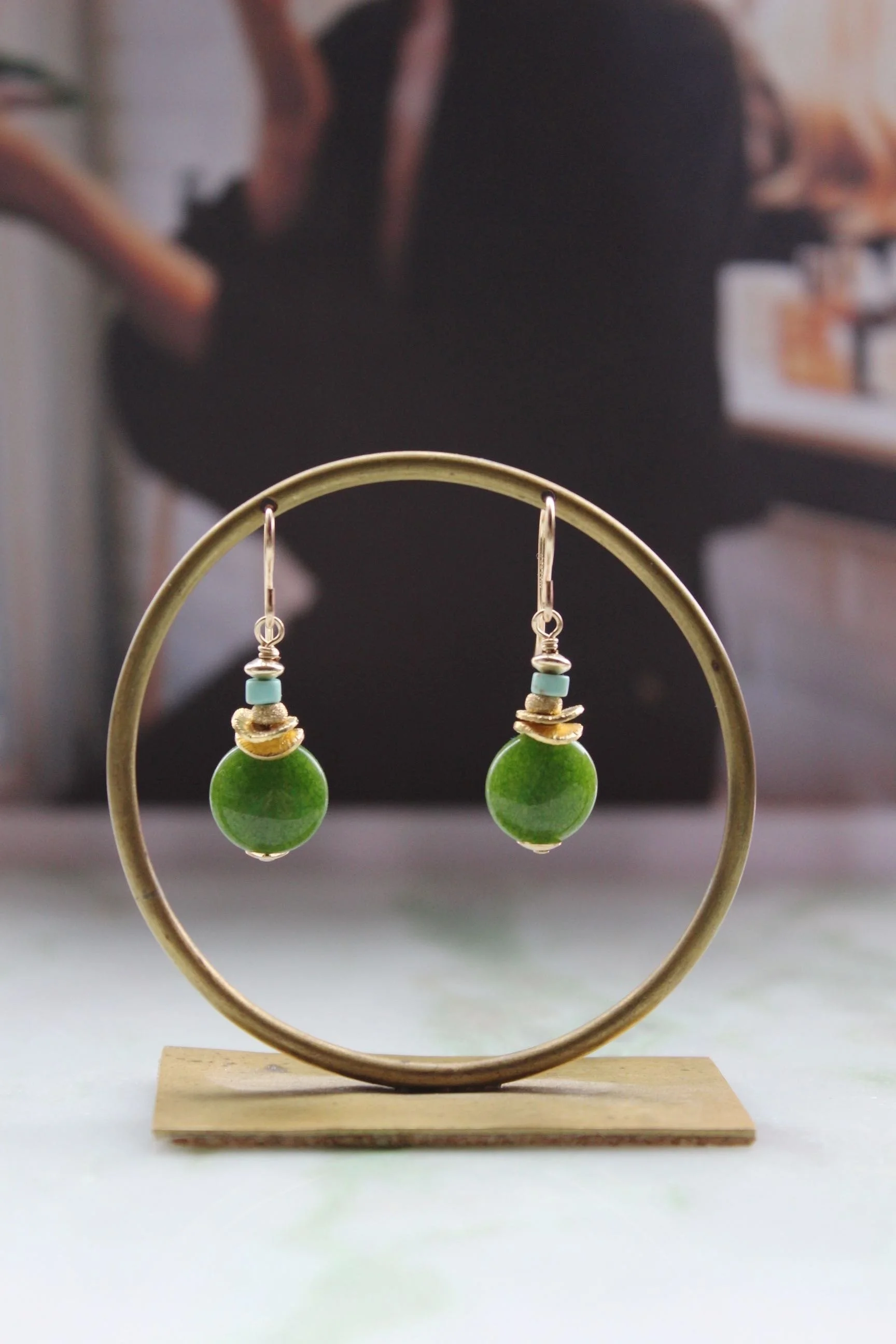 14ct gold filled earrings with gold filled beads, turquoise hush bead and olive jade oval.