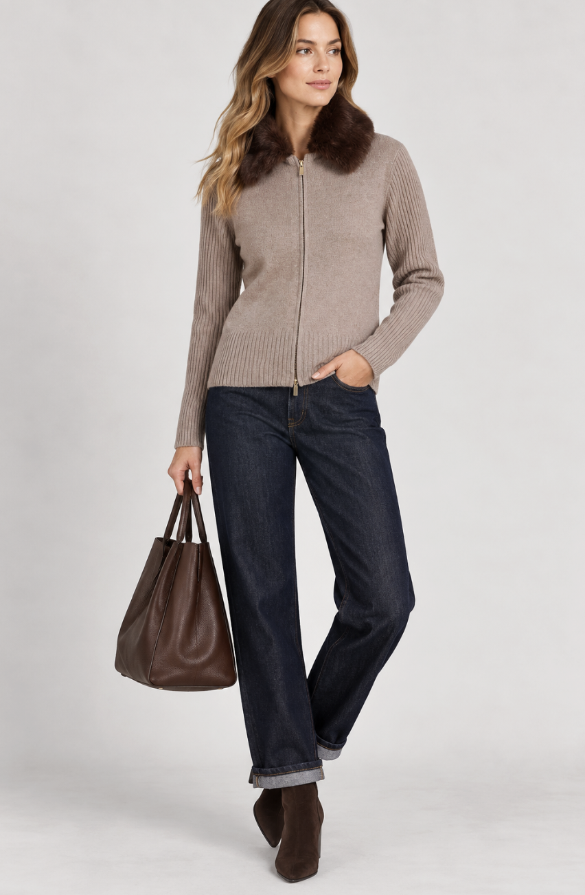 Purotatto - Zipped Sweater with Removable Faux Fur Collar
