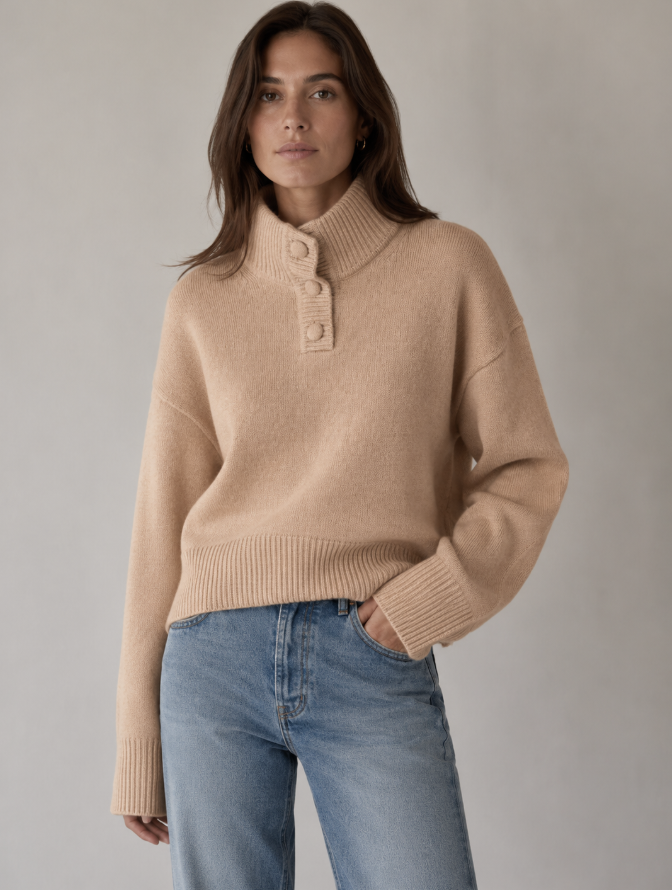 White & Warren - High Neck Sweater in Hazelnut & Navy