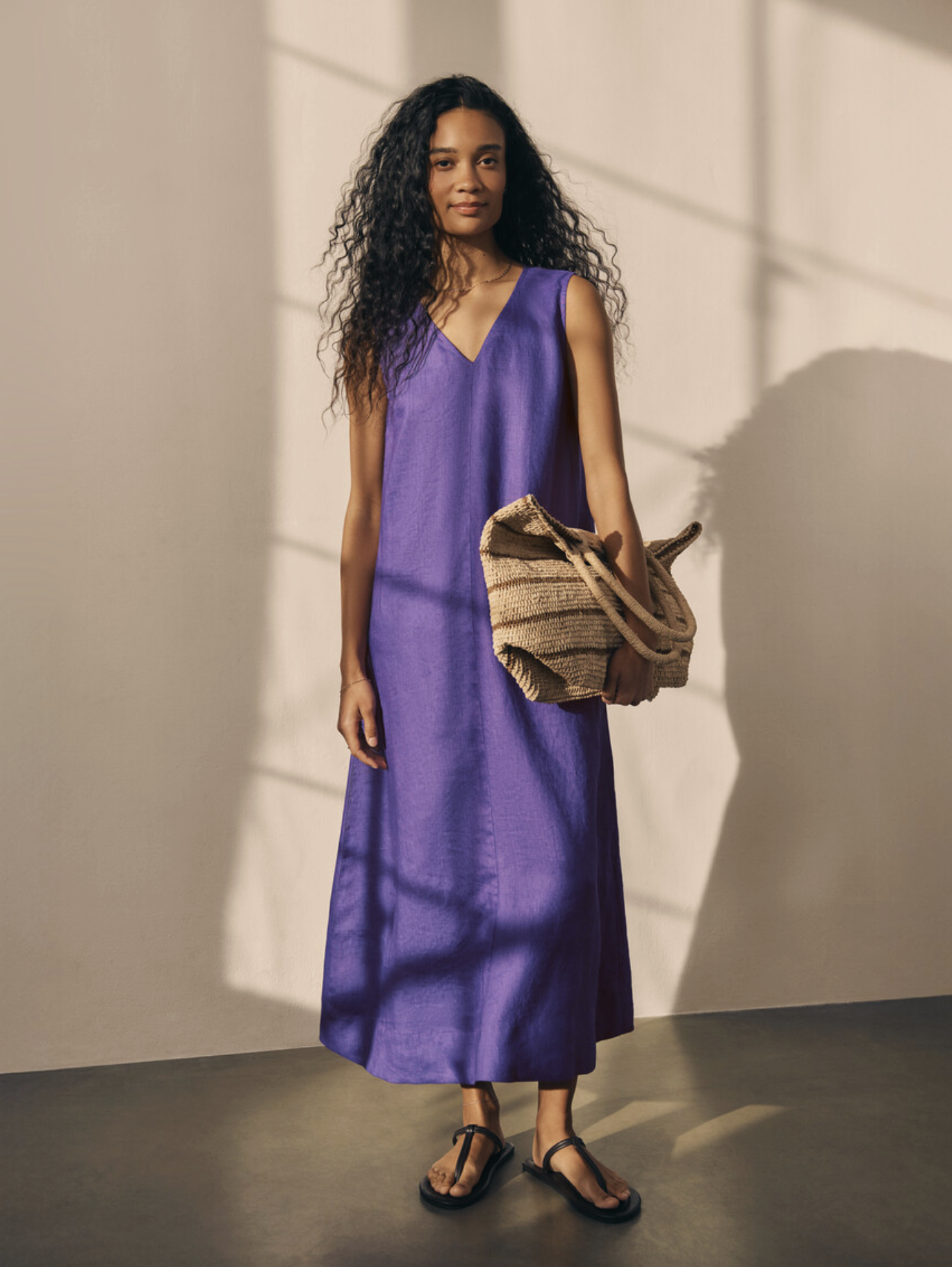 Eileen Fisher - Linen Easy V-Neck Dress in Petunia & Wheat