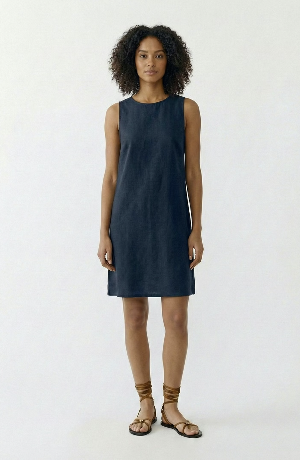Oui - Linen Patch Dress in Dark Blue & Demitasse  hughes clothing
