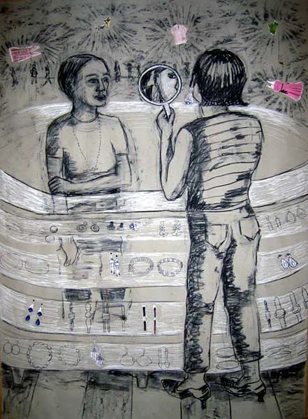 Consumer series, Charcoal on paper with collage, 2004