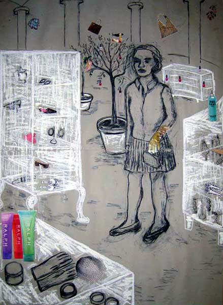 Consumer series, Charcoal on paper with collage, 2004