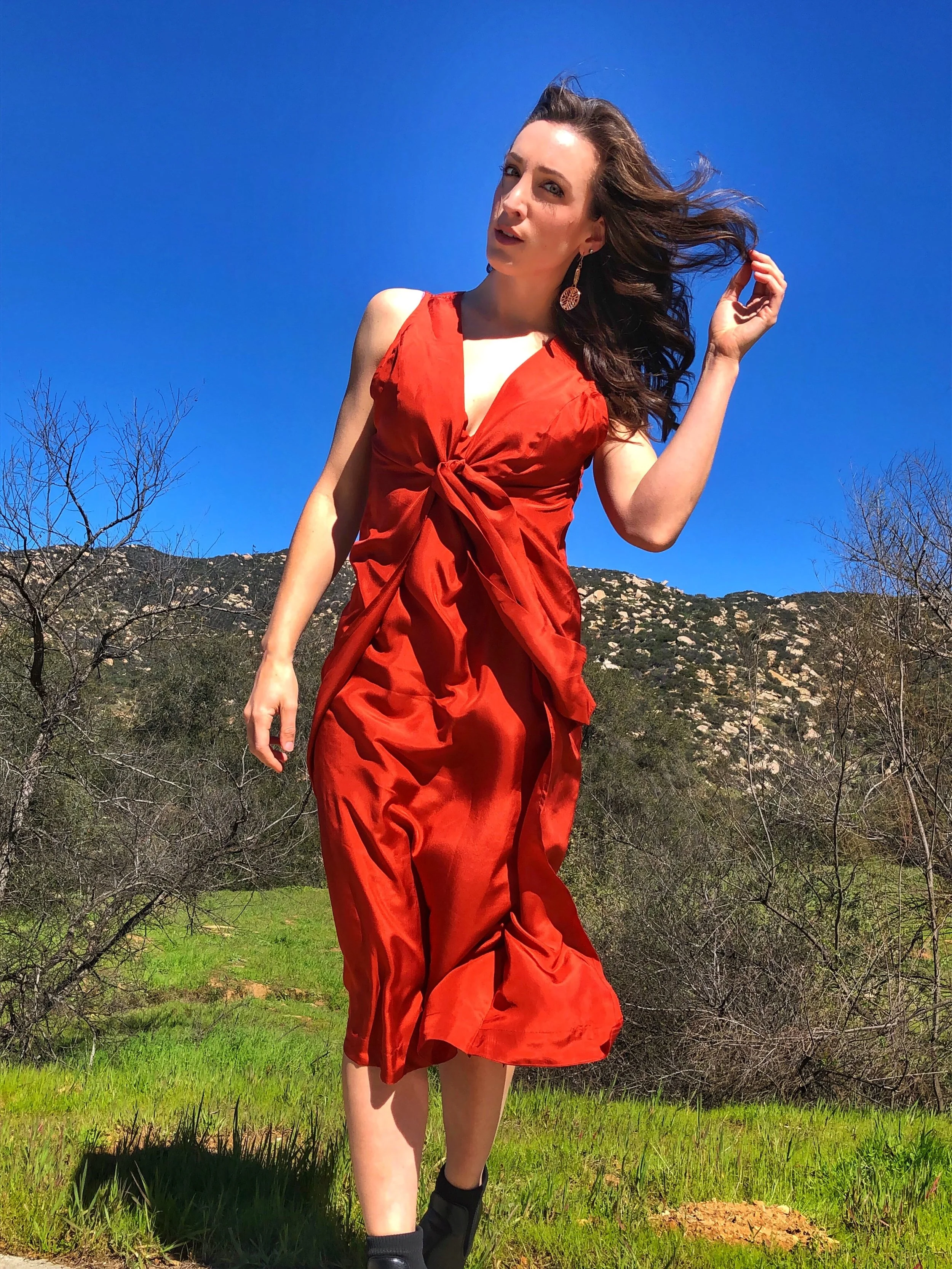 Orange Free People Satin Dress. California Poppy Fields. Southern California.
