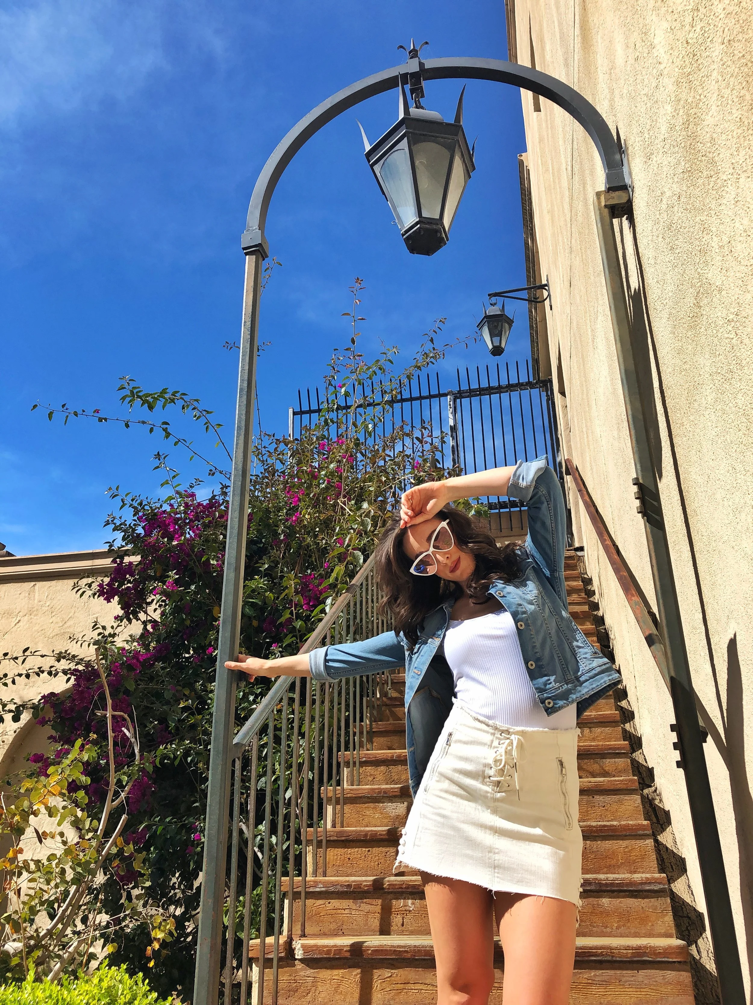 Steps to life. Balboa Park, San Diego. Blank NYC white jean skirt.