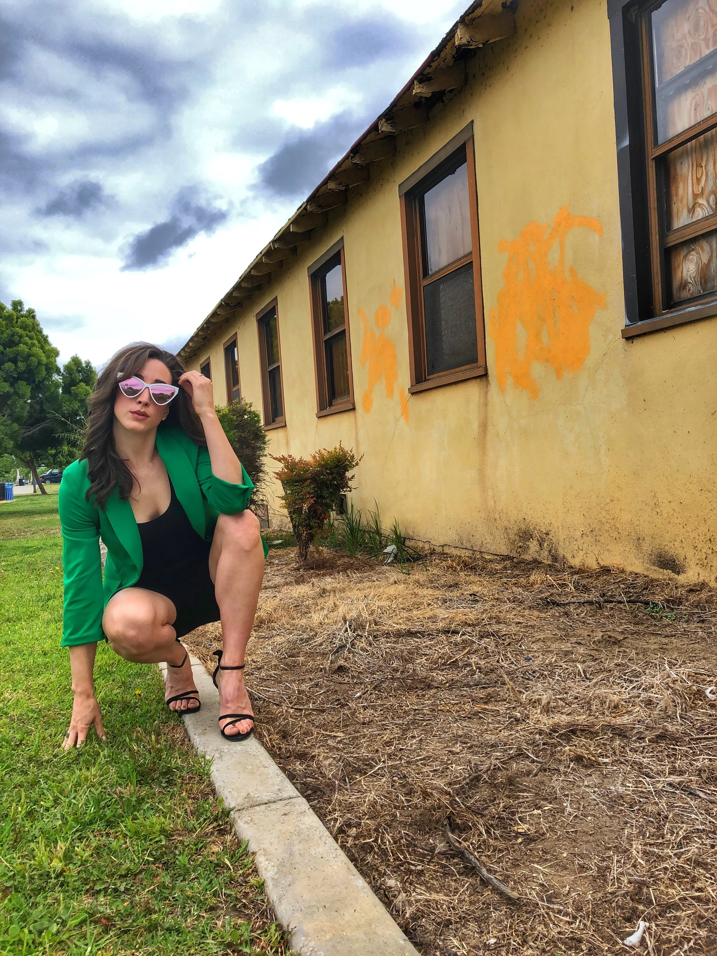 Totes Clear Umbrella. Green Blazer. Bike Shorts. Schutz heels.