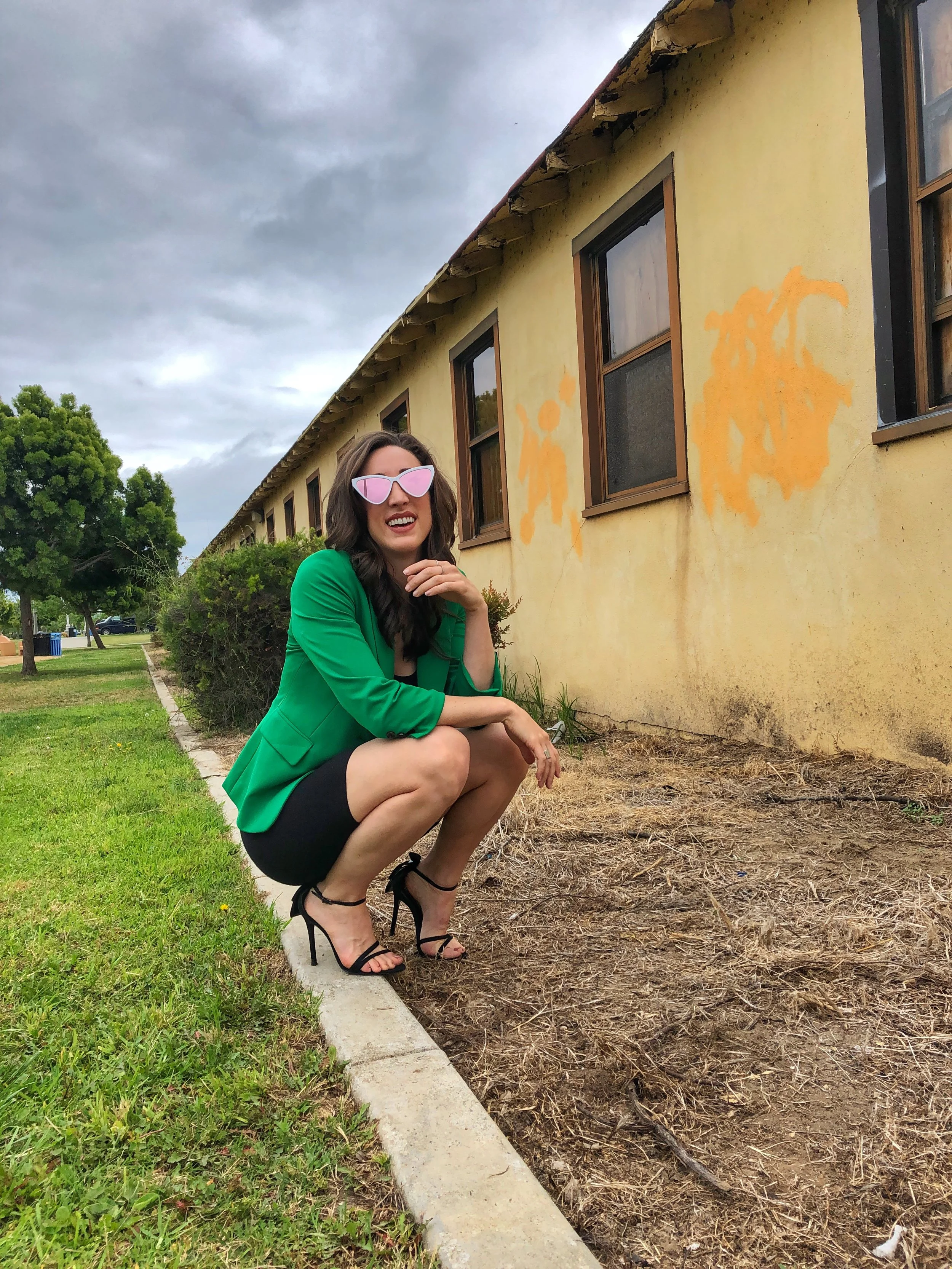 Totes Clear Umbrella. Green Blazer. Bike Shorts. Schutz heels.