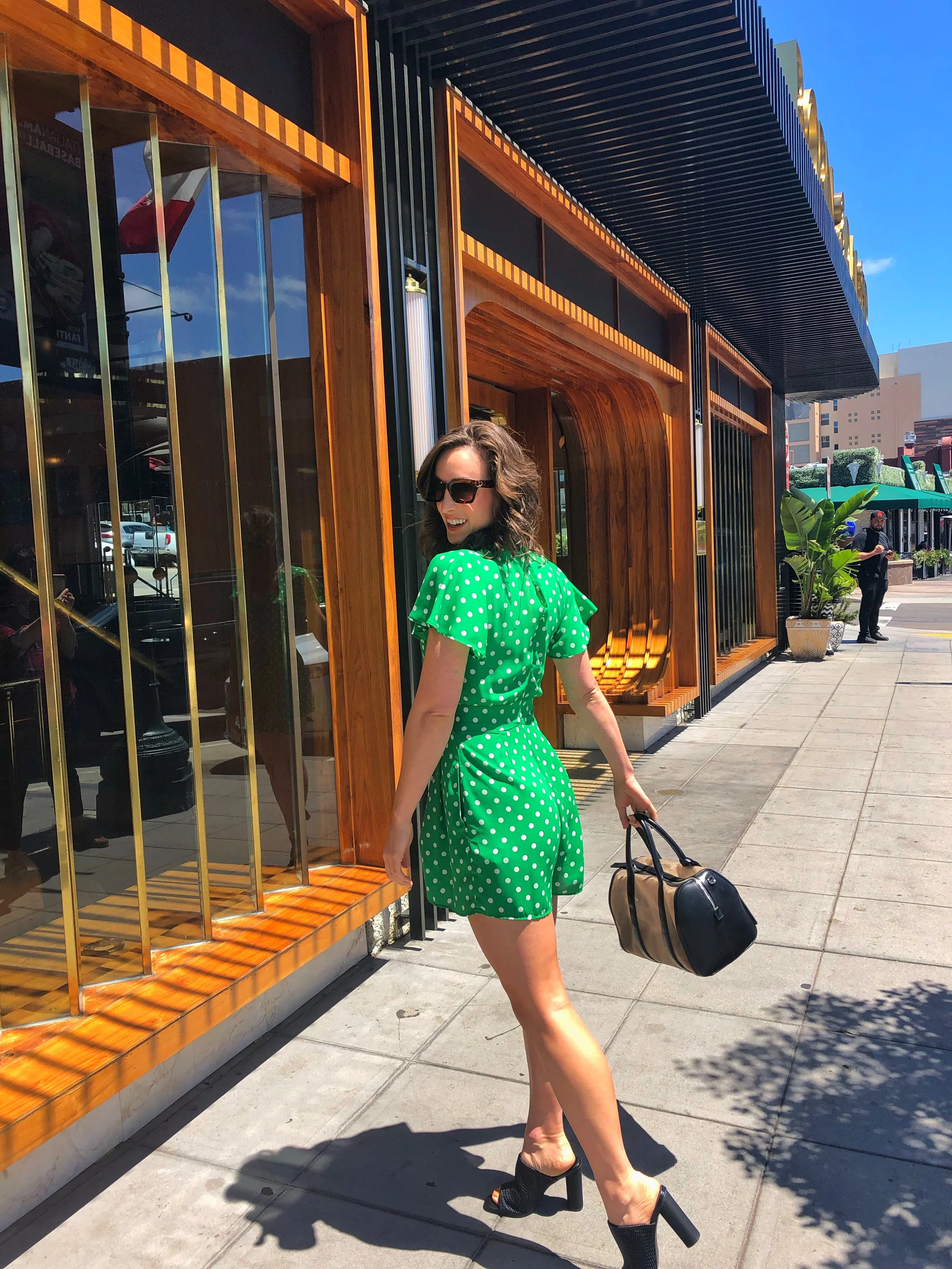Born & Raised San Diego. BCBGeneration Mules. ZARA green polka dot romper or jumpsuit.
