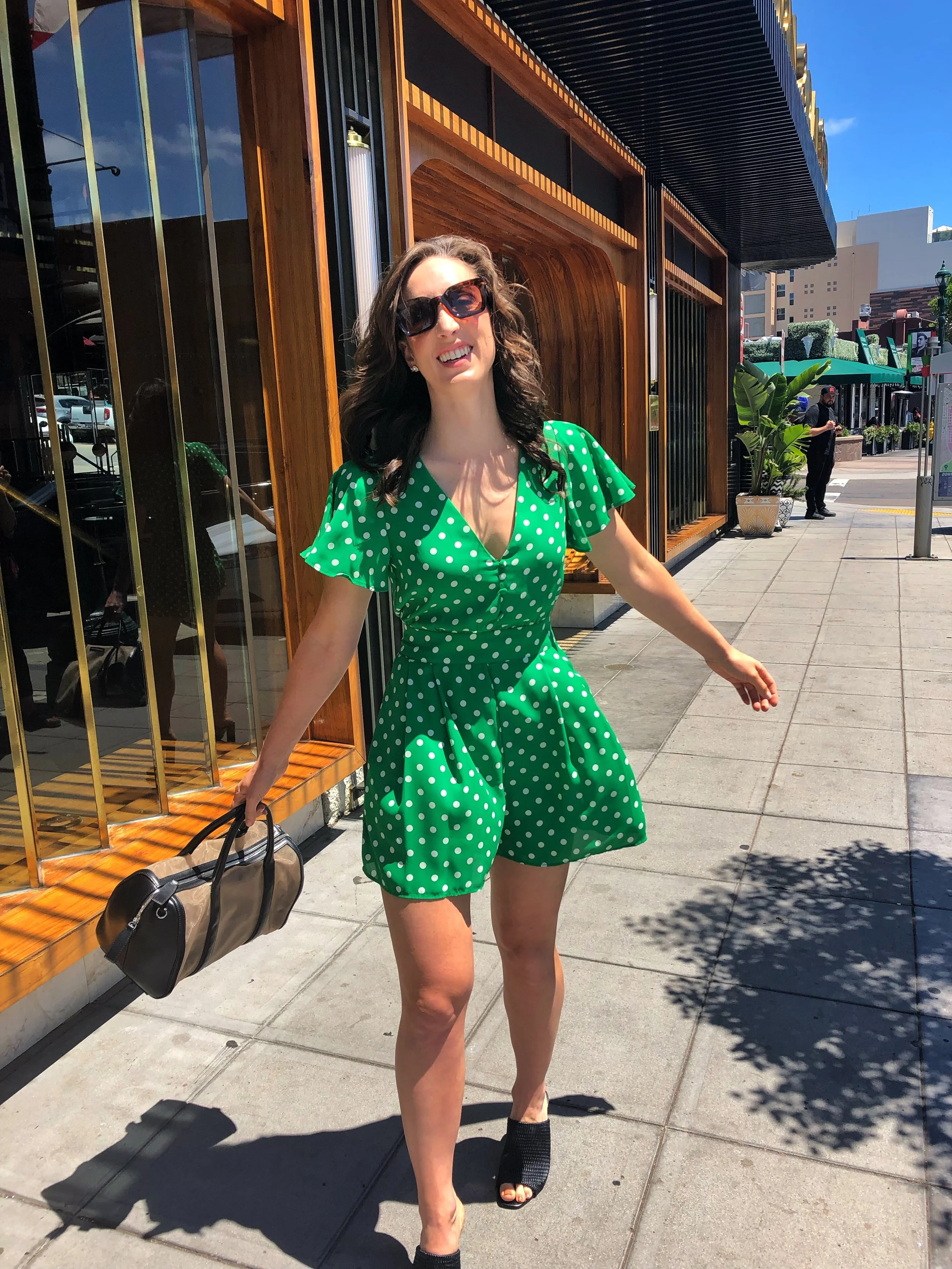 Born & Raised San Diego. BCBGeneration Mules. ZARA green polka dot romper or jumpsuit.