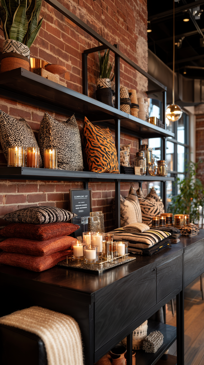 Curated display of throw pillows and candles arranged on industrial shelving against an exposed brick wall in a design-forward retail setting.