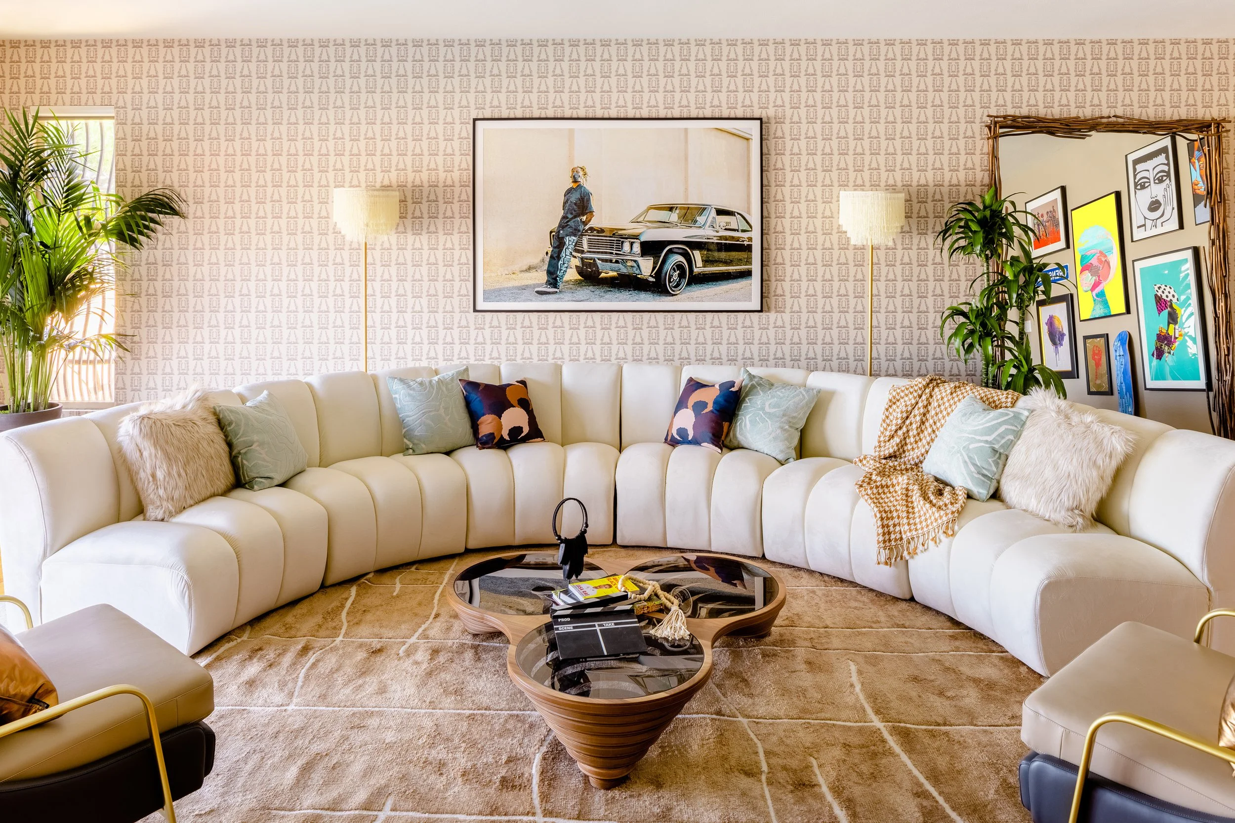 Complex Flavors collaboration with AirBnB and Issa Rae bamboo earrings print wallpaper in living room 2