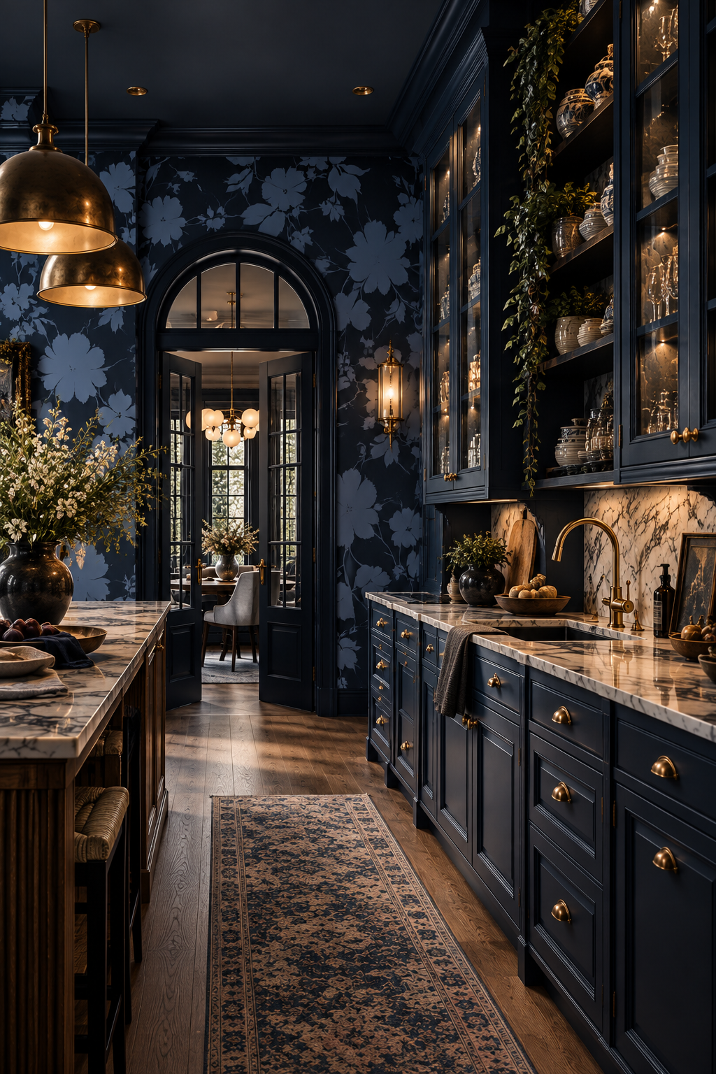 Luxurious, moody kitchen featuring deep navy blue floral wallpaper, matching dark cabinetry with brass hardware, marble countertops, warm pendant lighting, and an elegant arched doorway with glass doors.