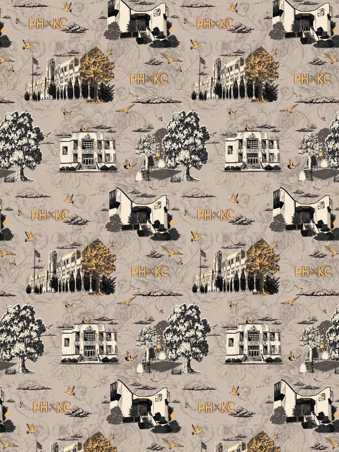 Custom toile wallpaper pattern featuring Kansas City landmarks, architectural illustrations, birds, trees, and PH x KC branding in warm taupe, black, grey, and gold tones.