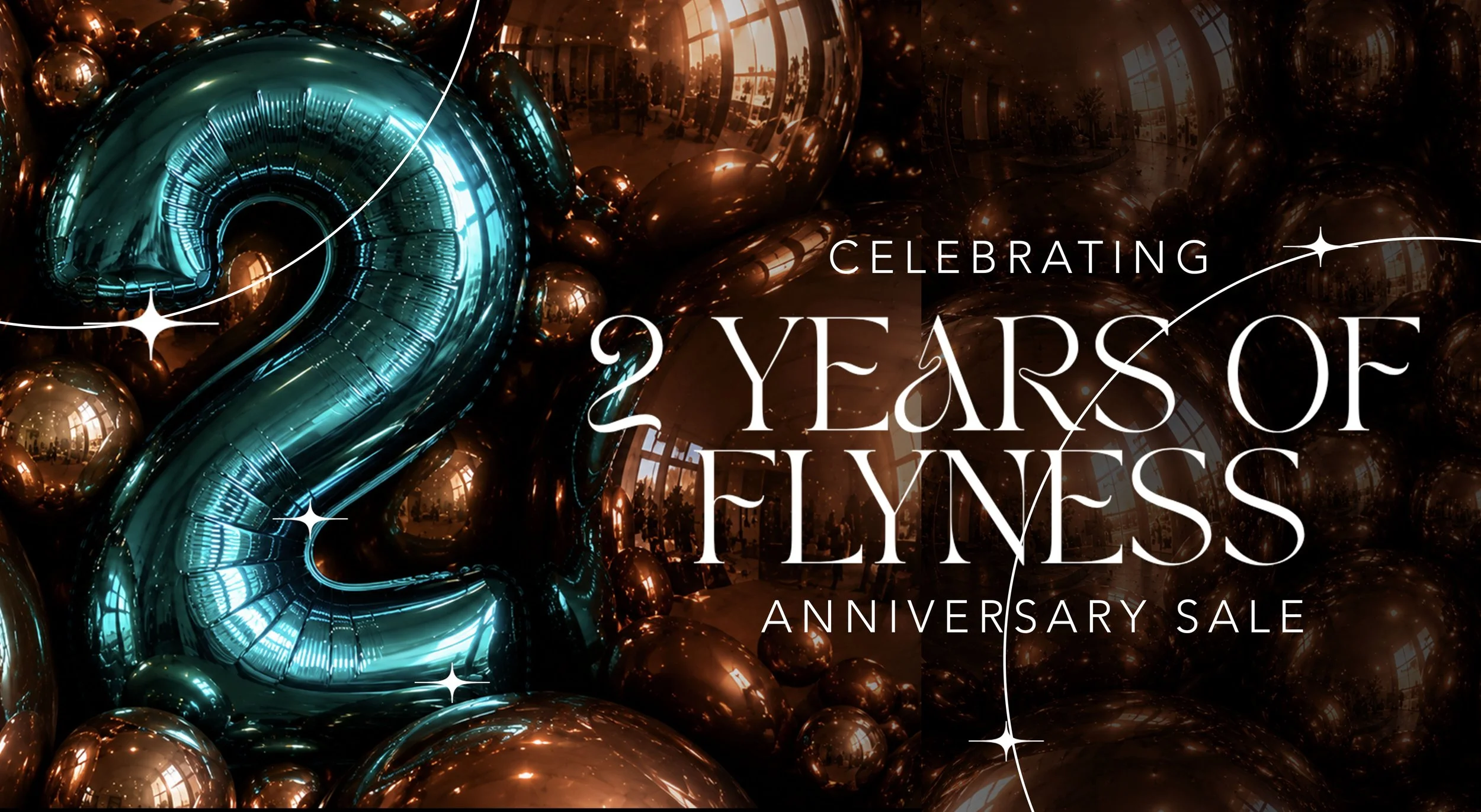 Complex Flavors 2nd anniversary sale featuring oversized copper metallic balloons and a teal number 2 balloon. The luxury promotional graphic announces classic wallpaper rolls for $22 each in celebration of two years of bold wallpaper design, home d