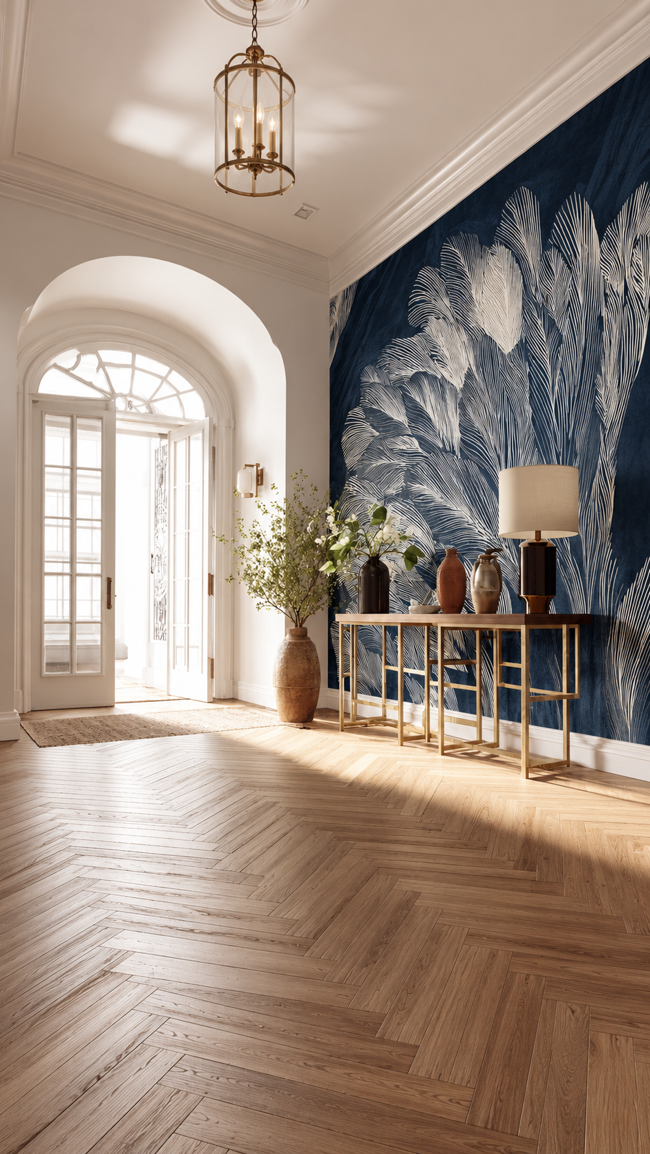 Luxurious, sunlit foyer featuring a dramatic navy blue botanical statement wallpaper with oversized white leaf motifs, elegant arched French doors, a gold-accented console table, and warm herringbone wood flooring.