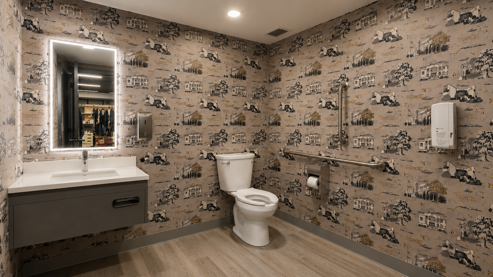 Commercial restroom featuring the completed Porter House KC custom toile wallpaper installation designed by Complex Flavors Home + Life.