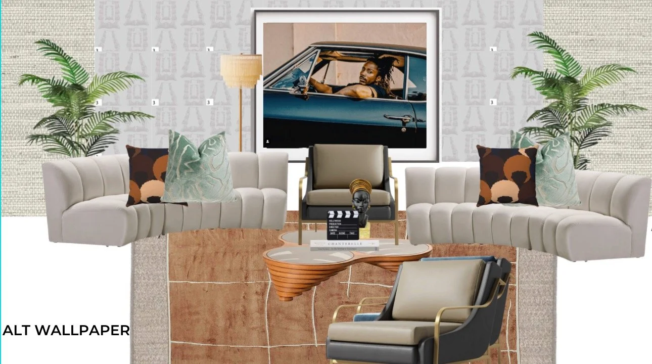 Interior design concept board showing custom wallpaper, curved white sofas, patterned pillows, lounge chairs, plants, artwork, and sculptural coffee table.