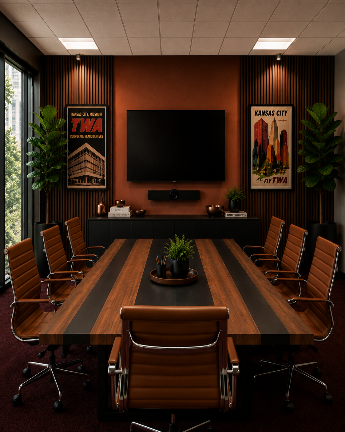 Modern Kansas City–inspired conference room with a long wood table, brown leather chairs, warm rust-colored walls, vertical wood paneling, plants, a wall-mounted screen and framed TWA artwork.