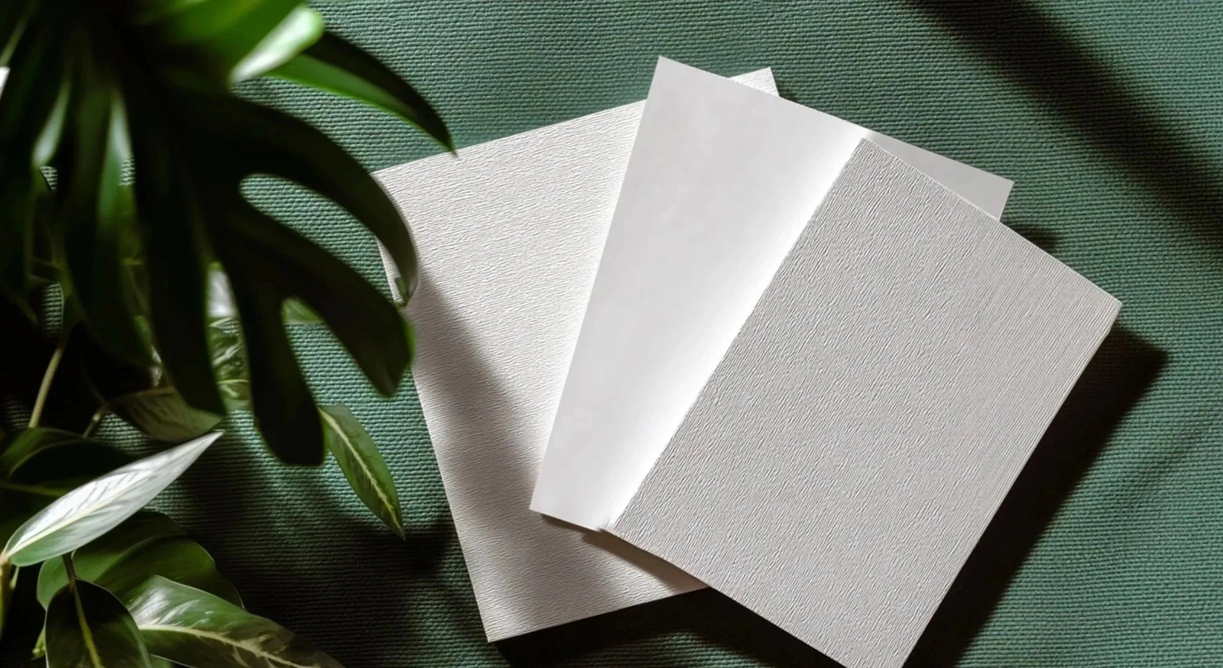 Wallpaper sample swatches in neutral tones displayed on a textured green surface with plant leaves.