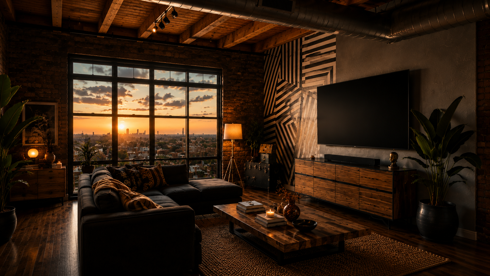 Industrial-modern living room with exposed brick, wood finishes, geometric accent wall, and panoramic city views at sunset, designed to evoke warmth, comfort, and contemporary luxury.