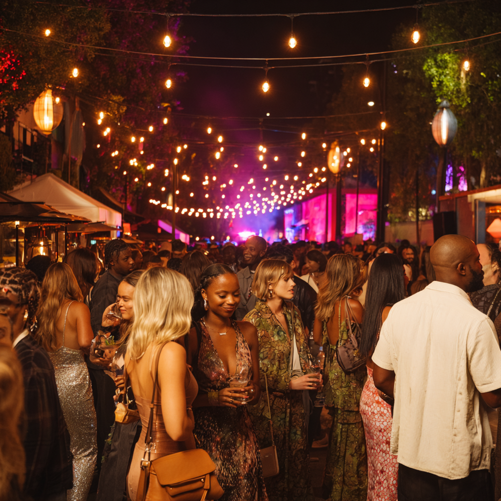 Crowded outdoor night market with people mingling under warm string lights, creating a lively evening atmosphere.
