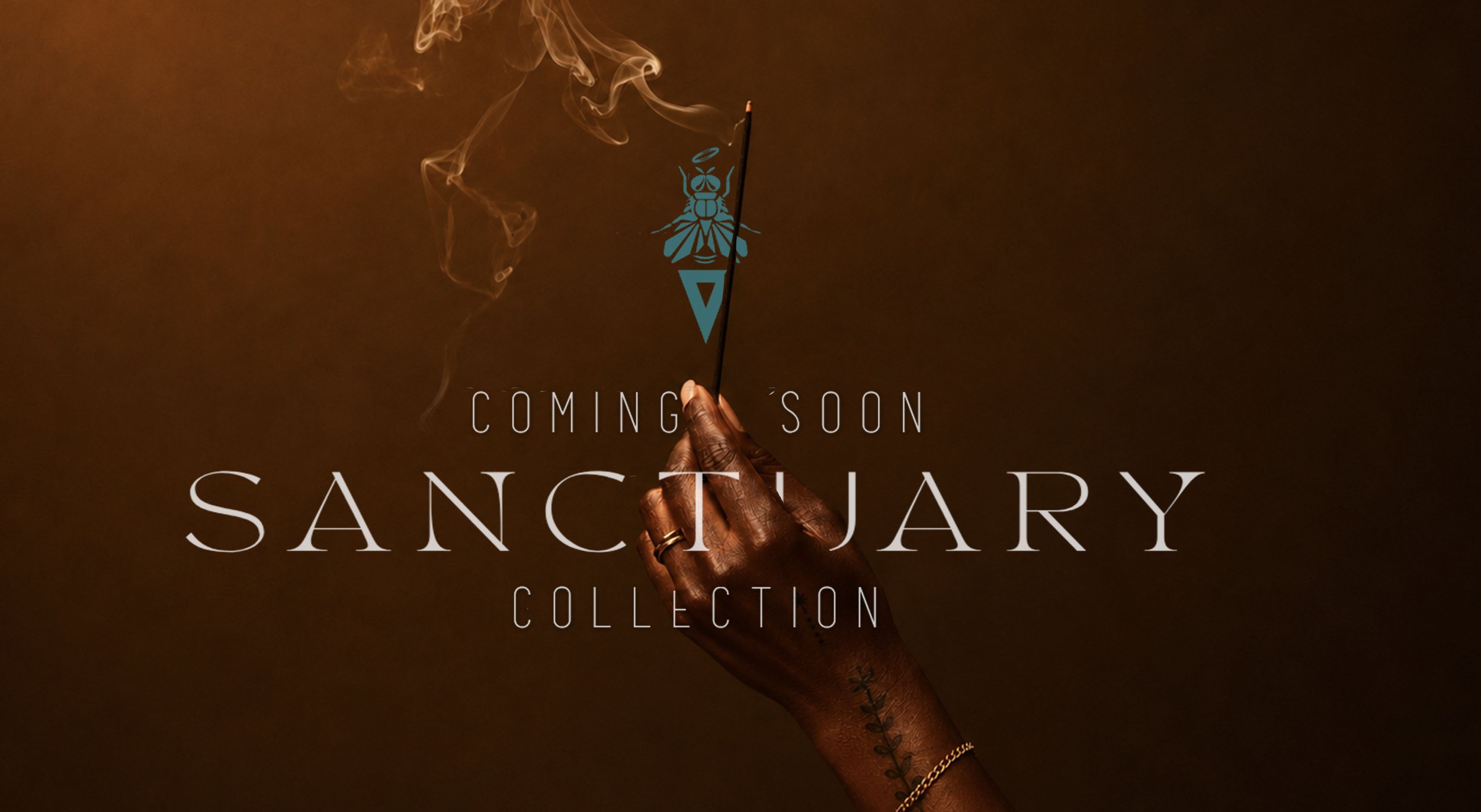 Hand holding a lit incense stick with drifting smoke against a warm brown background, promoting the Sanctuary Collection by Complex Flavors Home + Life.