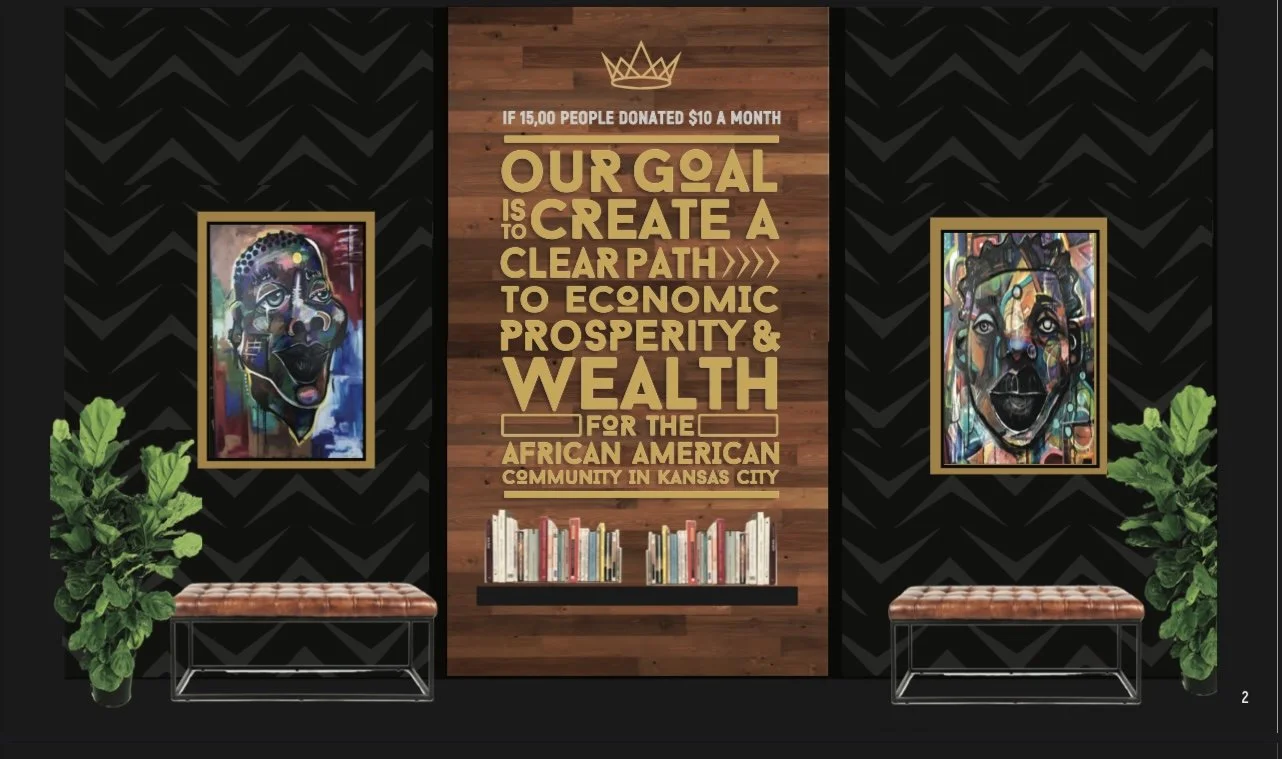 Symmetrical KC G.I.F.T. feature wall with reclaimed wood paneling and bold mission statement typography, flanked by vibrant portrait artwork, bench seating, and greenery—designed as a cultural and community-centered focal point.